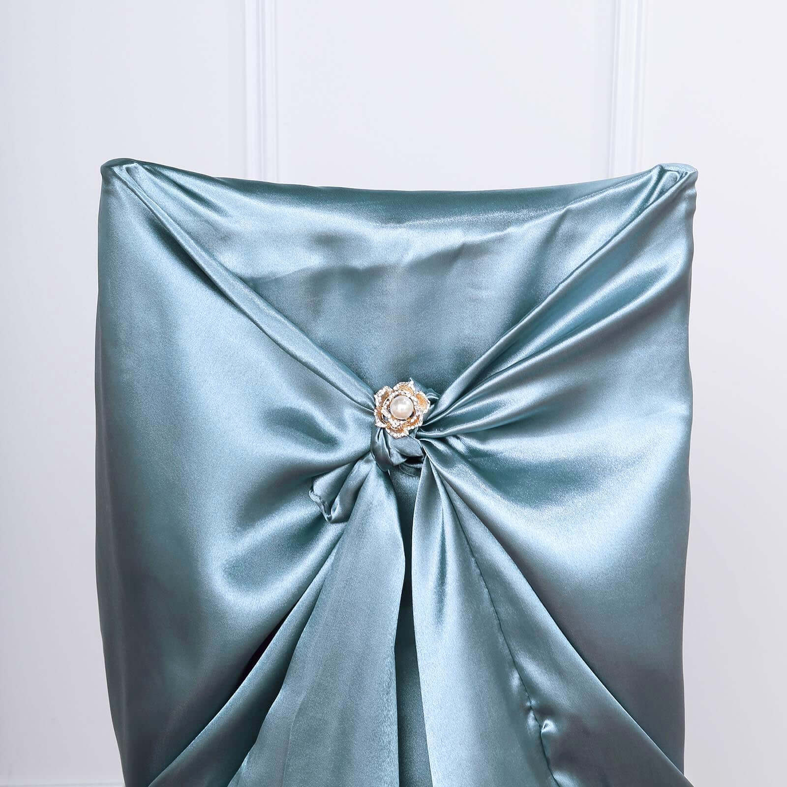 Dusty Blue Satin Self-Tie Chair Cover - Universal Slip-On for Folding, Dining & Banquet Chairs