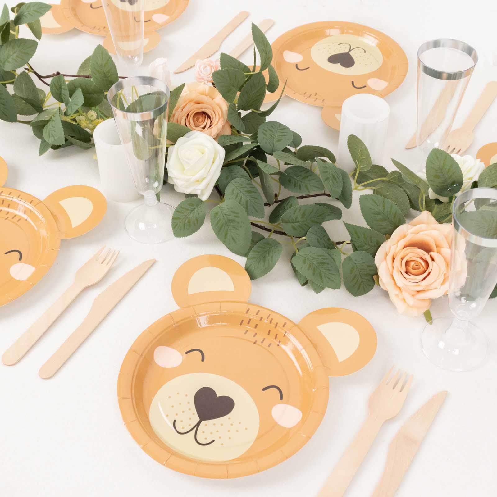 25-Pack Disposable 300GSM Brown Teddy Bear Print Round Dessert Plates - Ideal for Party Decor