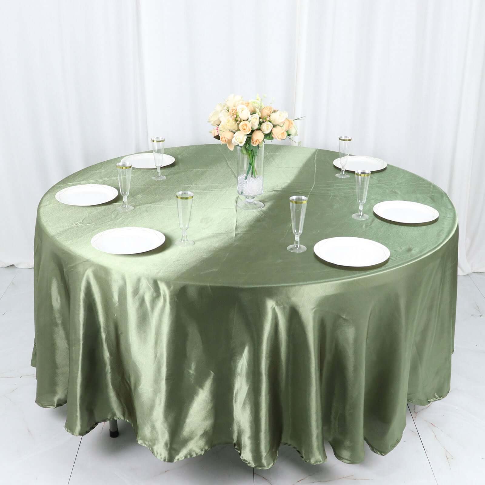 Lustrous Dusty Sage Green Satin Round Tablecloth, 108-Inch Diameter