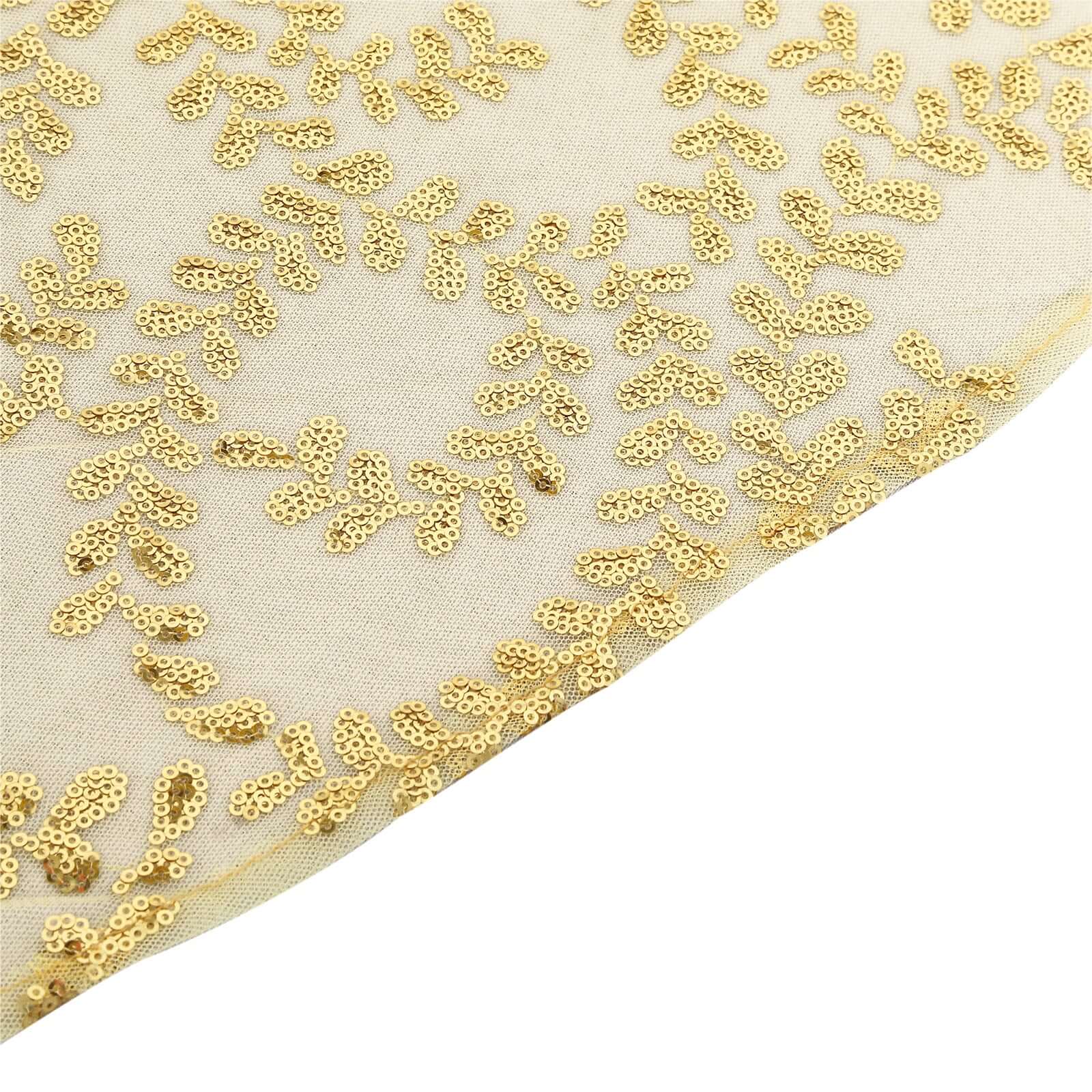 Gold Seamless Sequin Leaf Embroidered 120 Round Tulle Tablecloth for Elegant Events