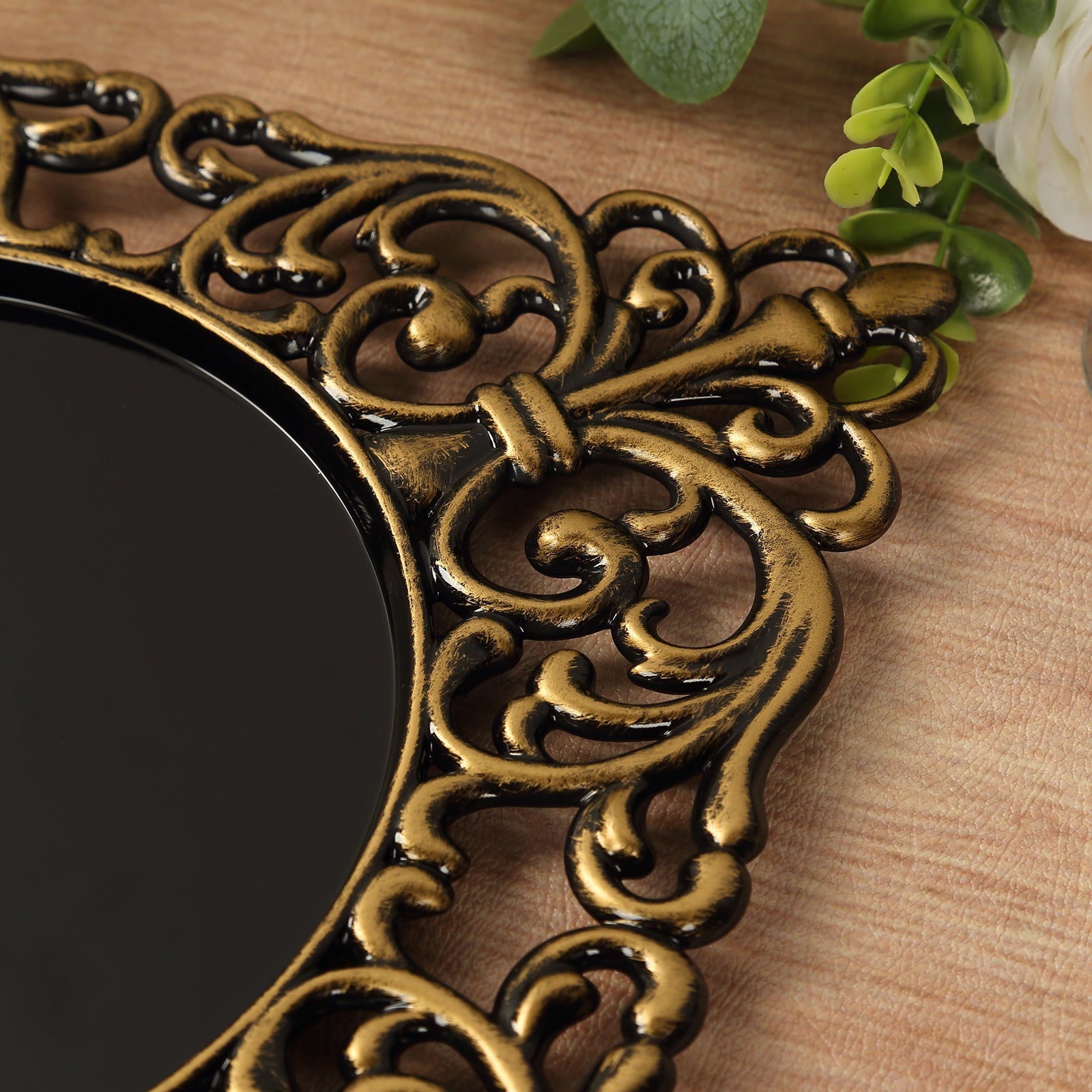 Hot Sale! 6-Pack 12-Inch Black Acrylic Square Charger Plates with Antique Gold Hollow Lace Border for Event Decor