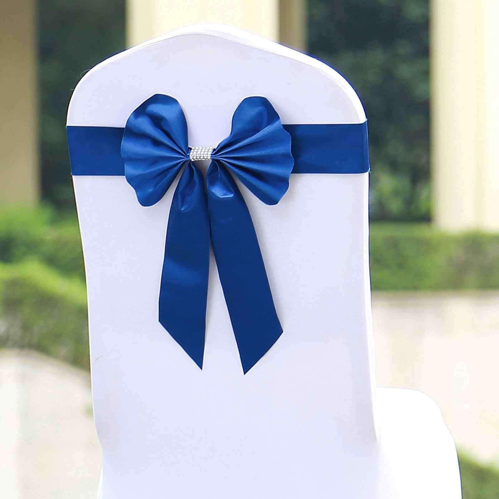Hot Deal! 5-Pack Royal Blue Satin Faux Leather Chair Sashes with Diamond Rhinestone Buckles