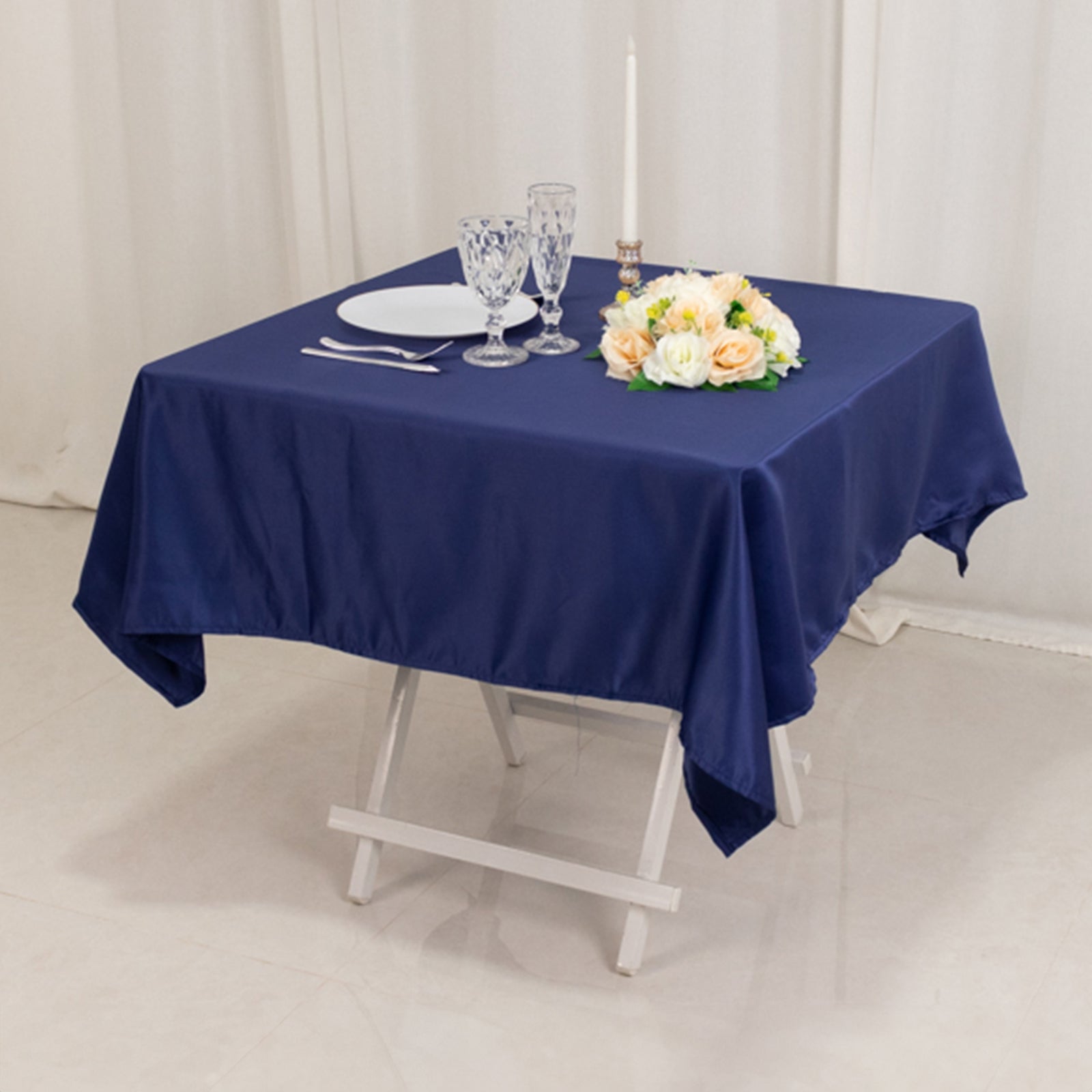 Navy Blue Durable Silk-Like Lamour Satin 54x54 Square Table Overlay