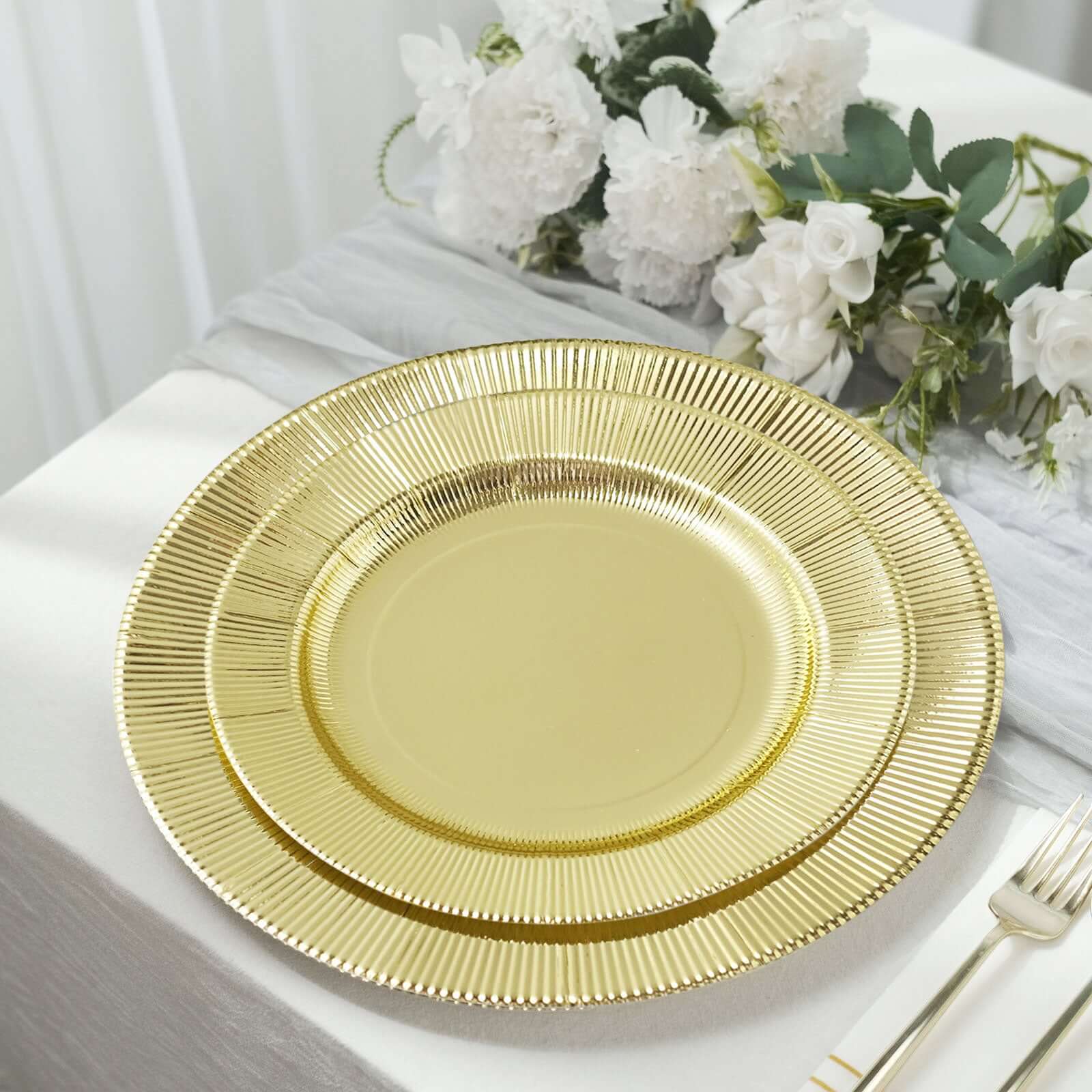 25-Piece Set of Disposable 8-Inch Round Metallic Gold Sunray Design Paper Dessert Plates - Heavy Duty 350GSM