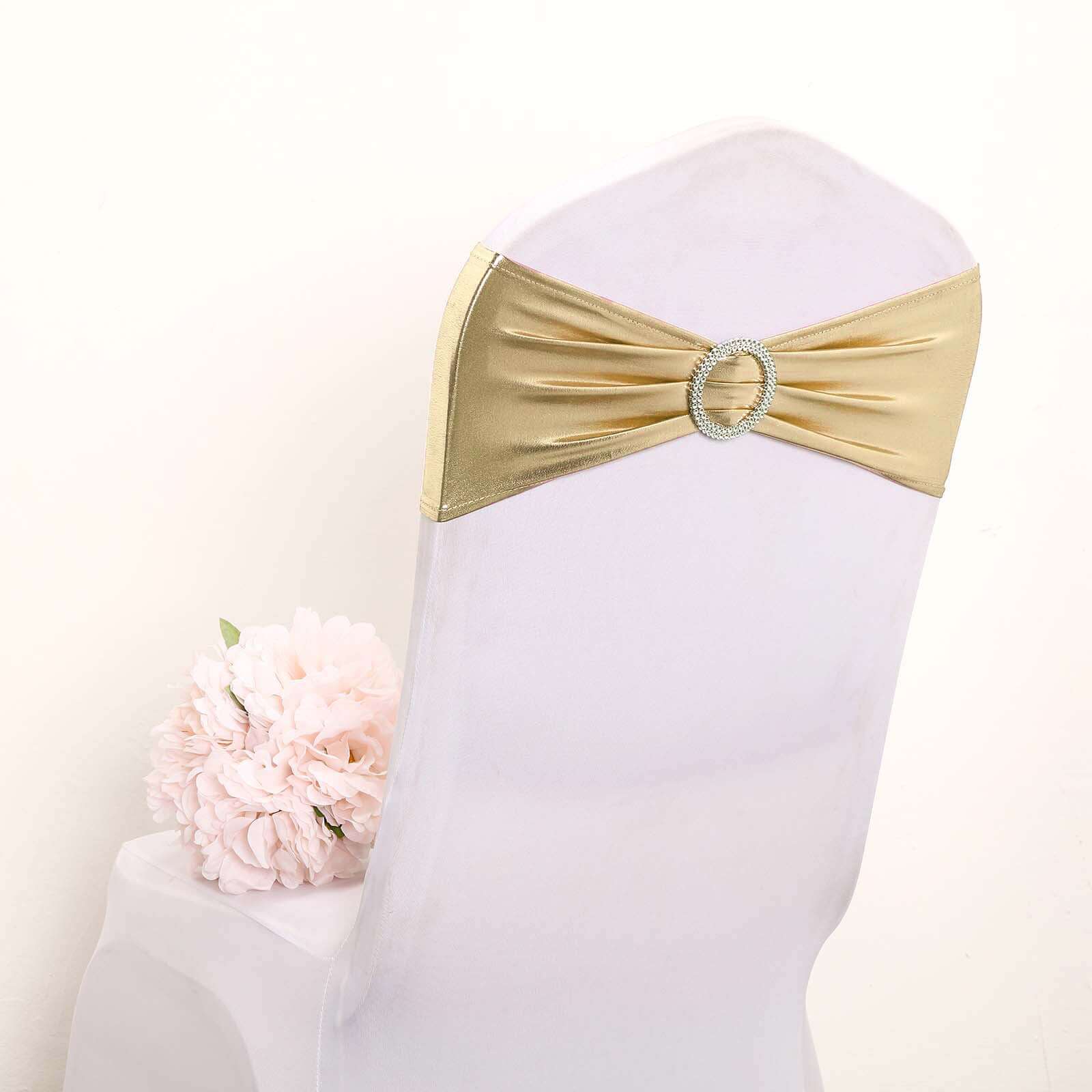 5-Pack Champagne Metallic Spandex Chair Sashes with Round Diamond Buckles - Stretch Fit!