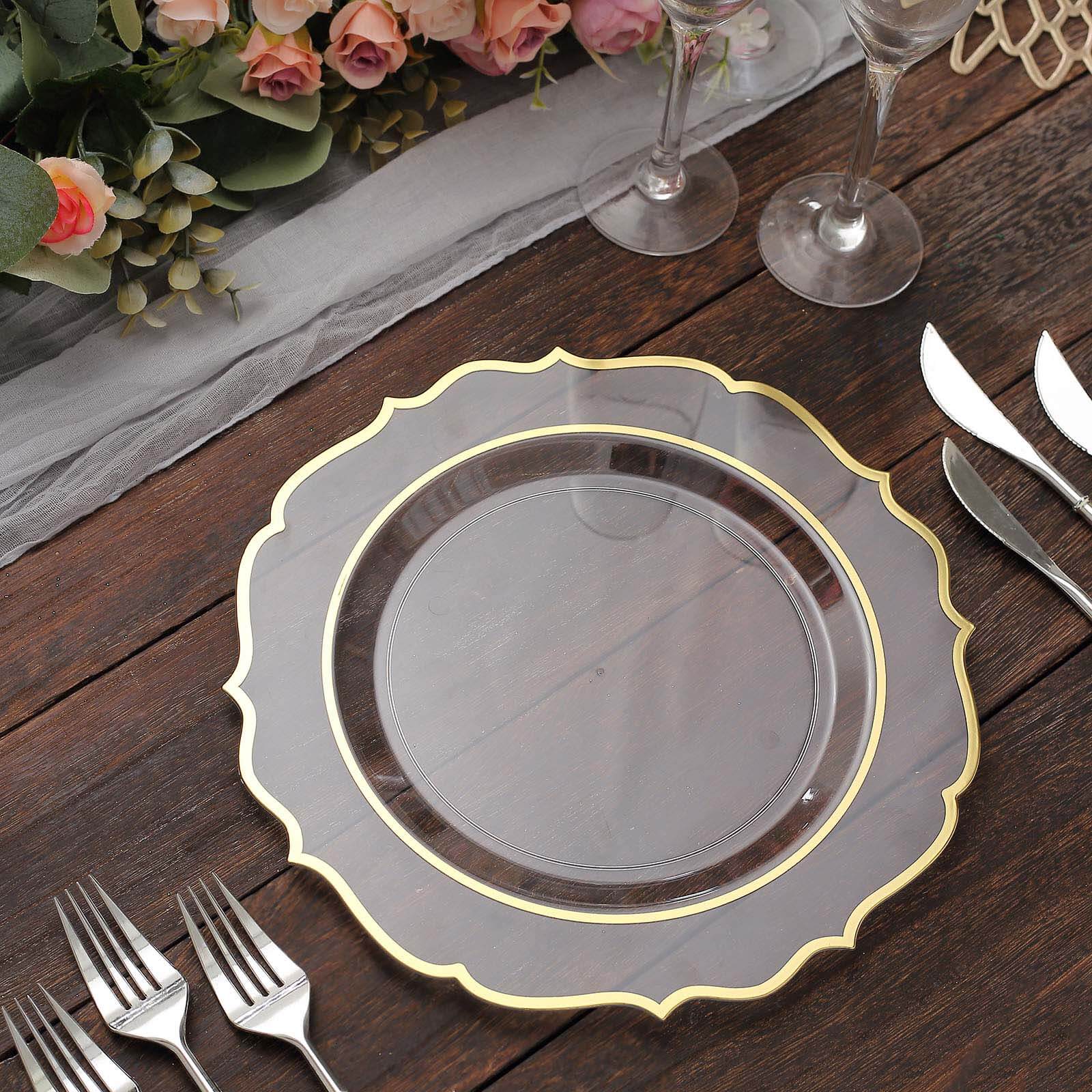 10-Piece Set of Clear Plastic Round Dinner Plates with Gold Scalloped Rims - Disposable for Parties
