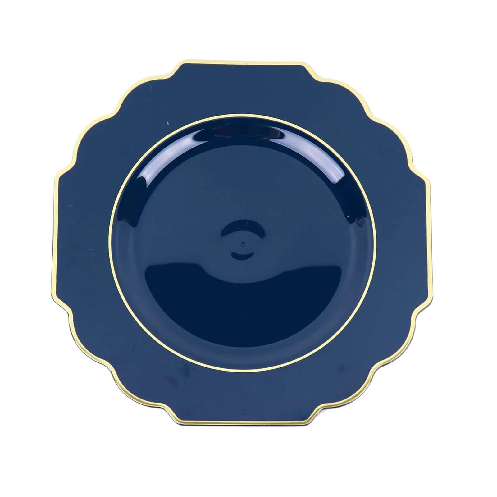 Hot Deal! 10-Pack 8" Navy Blue Disposable Baroque Salad Plates with Gold Rim