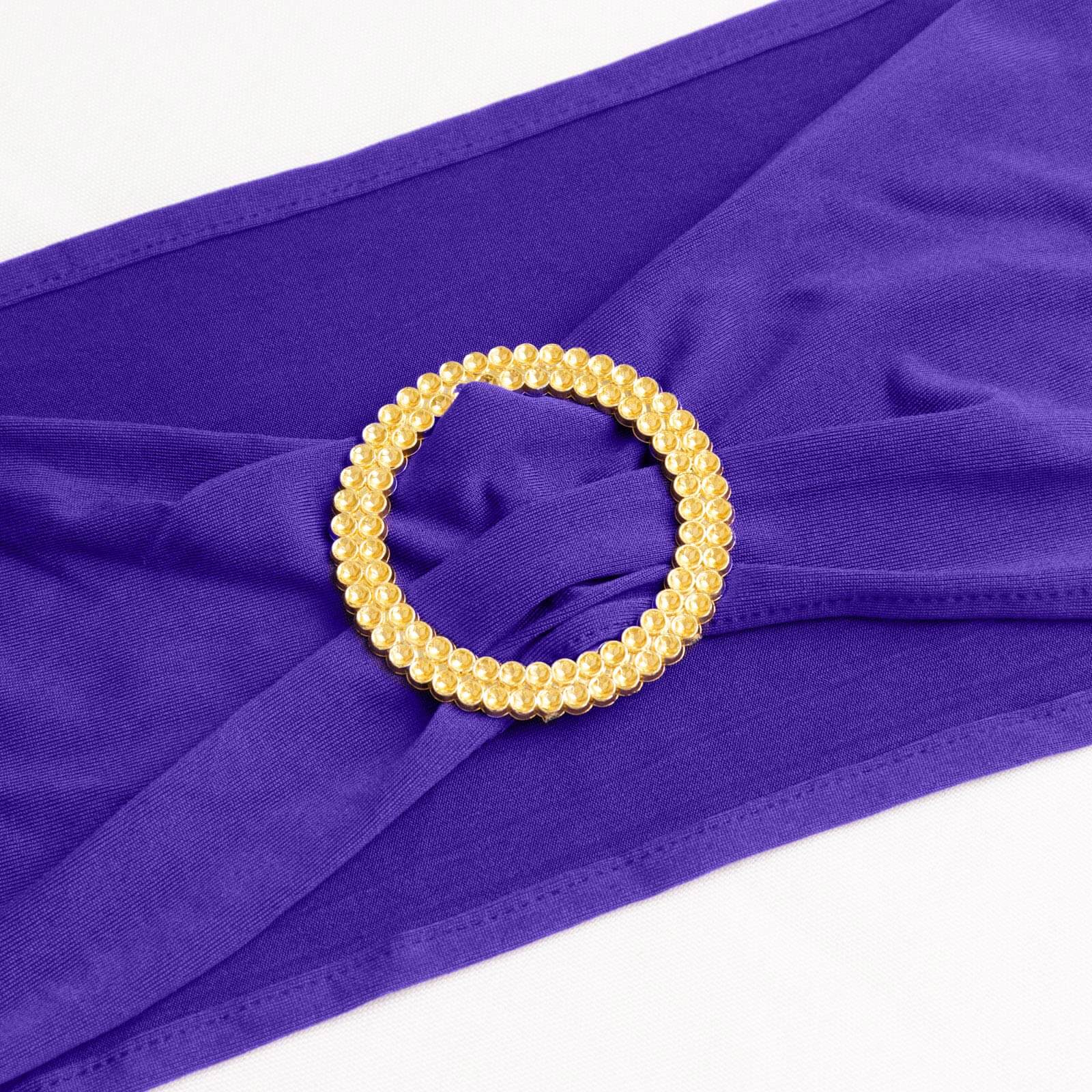 5-Pack Purple Spandex Chair Sashes with Gold Rhinestone Buckles - Reusable Four-Way Stretch Decor