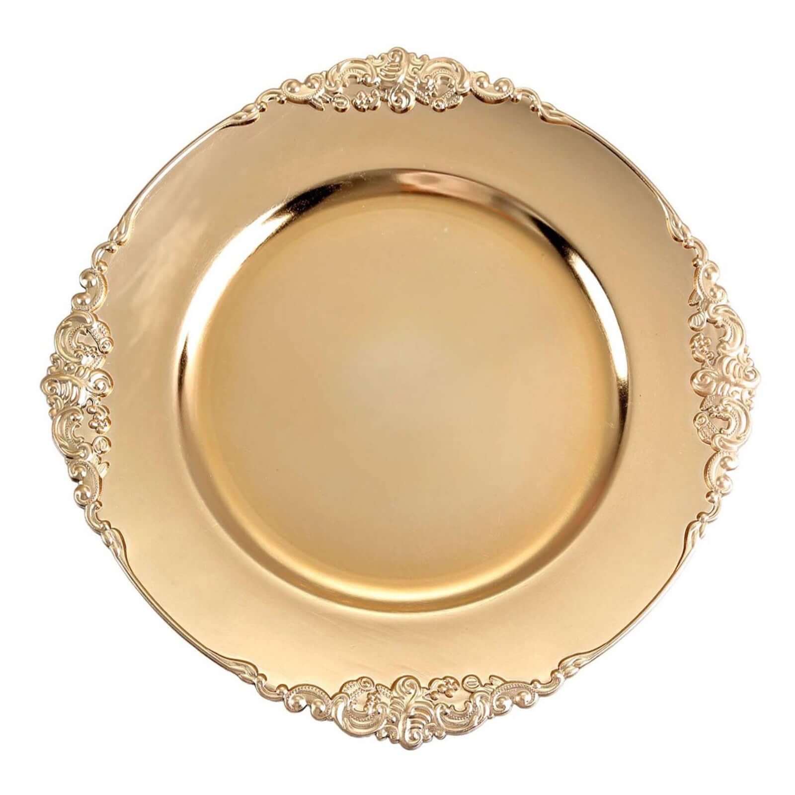 6-Pack 13-inch Gold Acrylic Round Charger Plates with Embossed Baroque Rim - Ideal for Dinner Parties