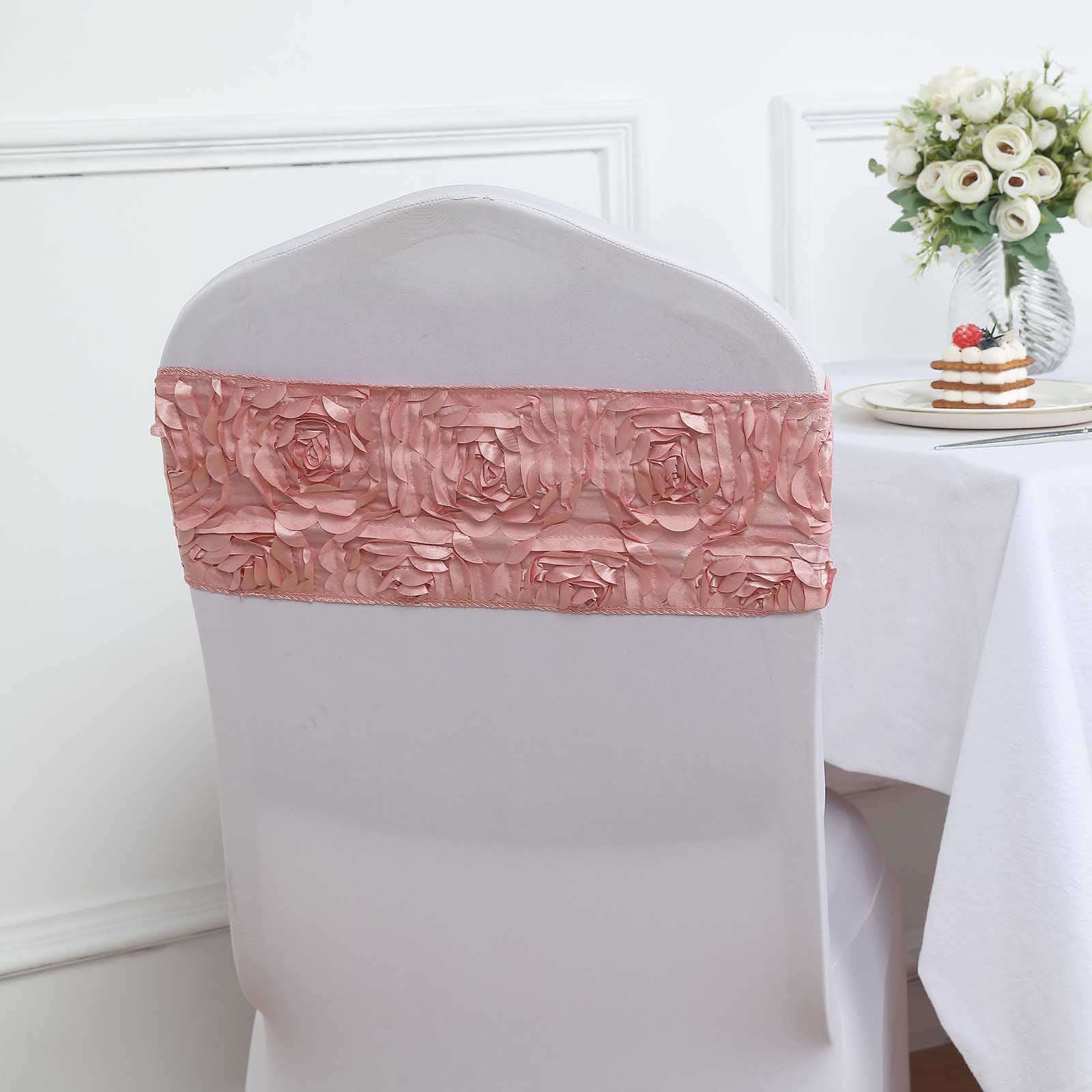 Hot Deal! 5-Piece Set of Dusty Rose Satin Spandex Chair Sashes with Rosette Design, 6x14