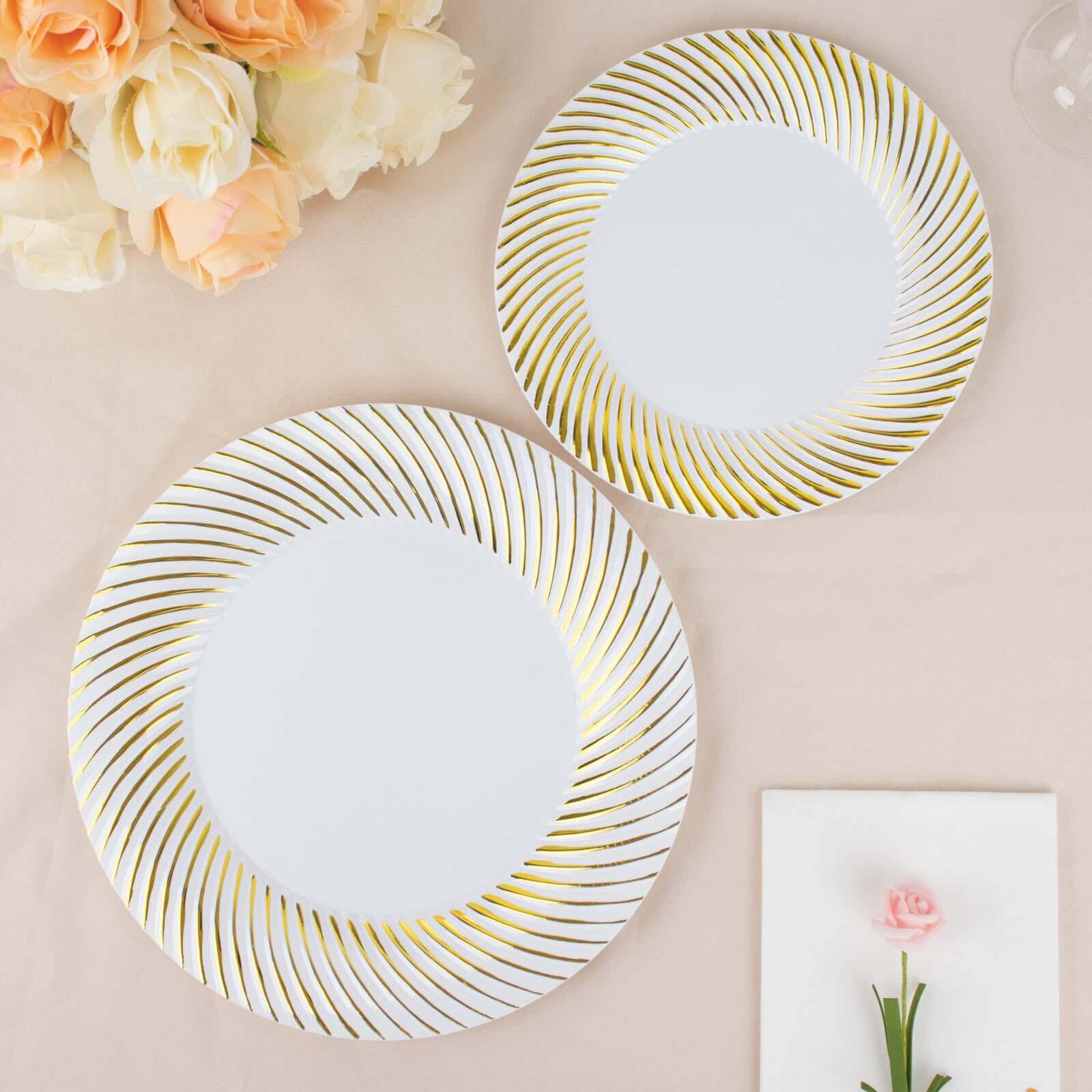 10-Pack Disposable White Plastic Round Dessert Plates with Gold Swirl Rim for Elegant Events