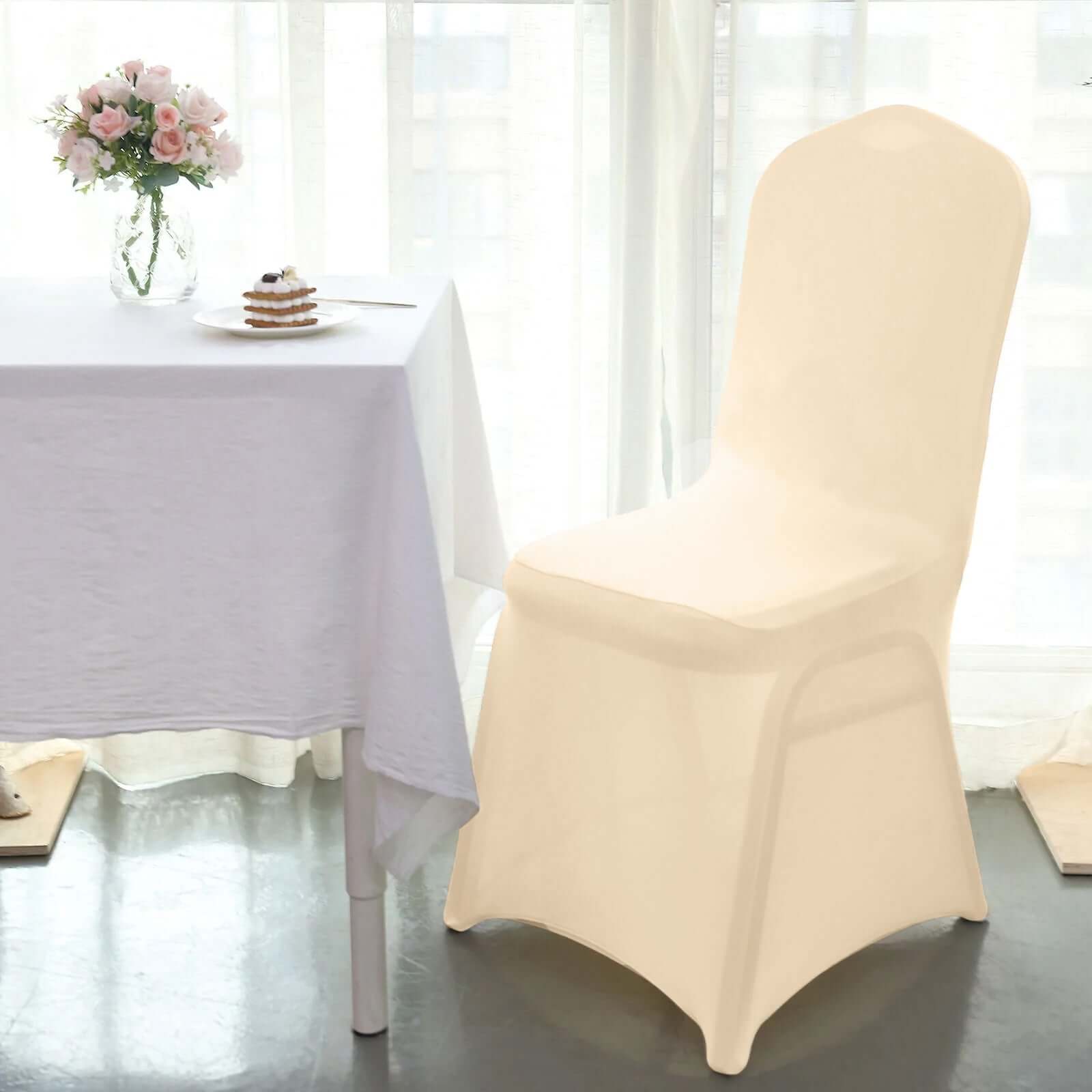 Beige Stretch Spandex Chair Cover for Banquet Chairs - 160GSM Premium Fabric