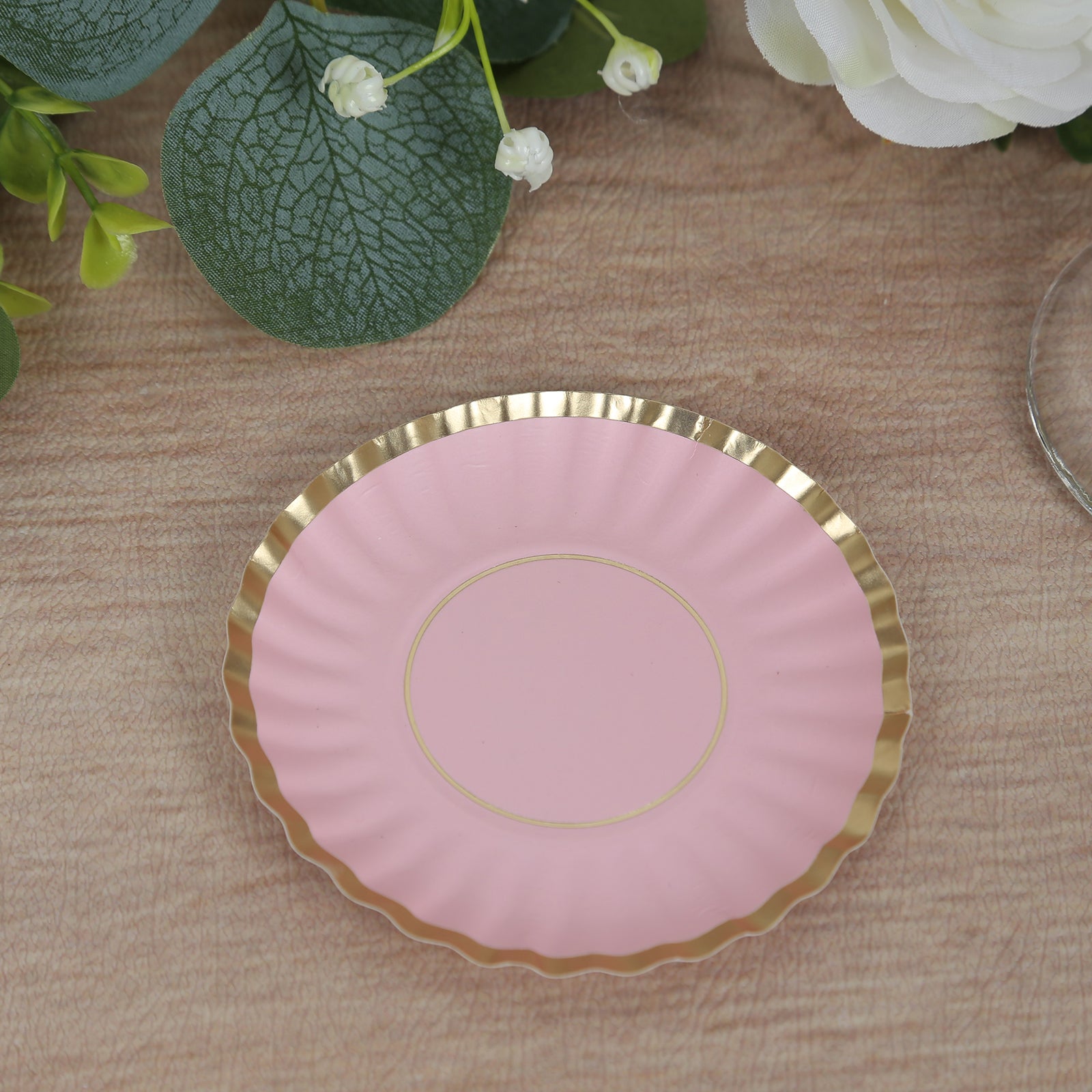 Hot Deal! 50-Pack Disposable Mini Round Blush Party Plates with Gold Scalloped Rim for Desserts