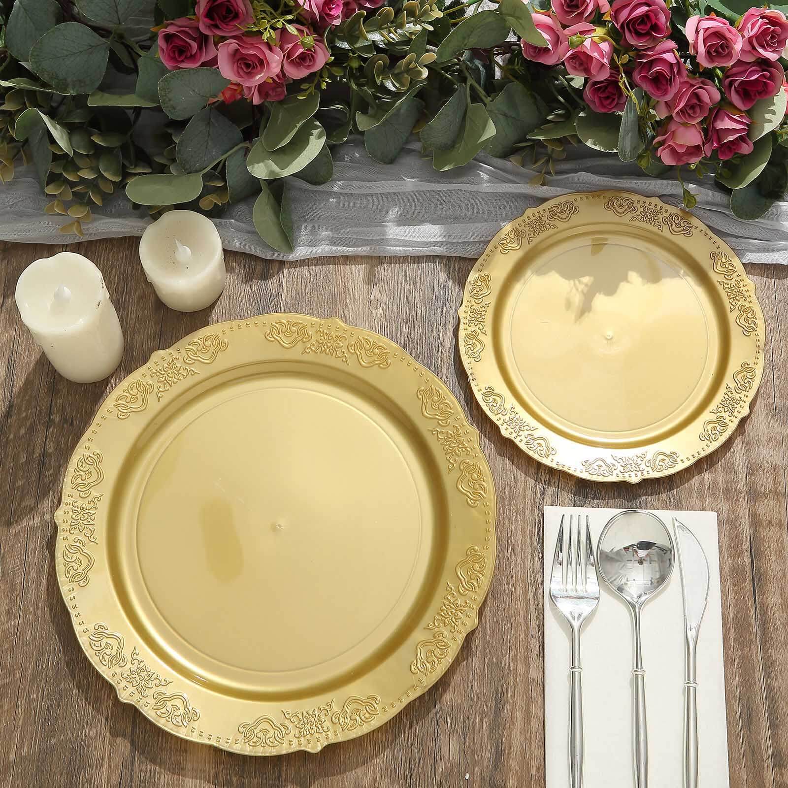 Hot Deal! 10-Pack of Disposable Round Plastic Dinner Plates with Gold Embossed Scalloped Edge for Special Events