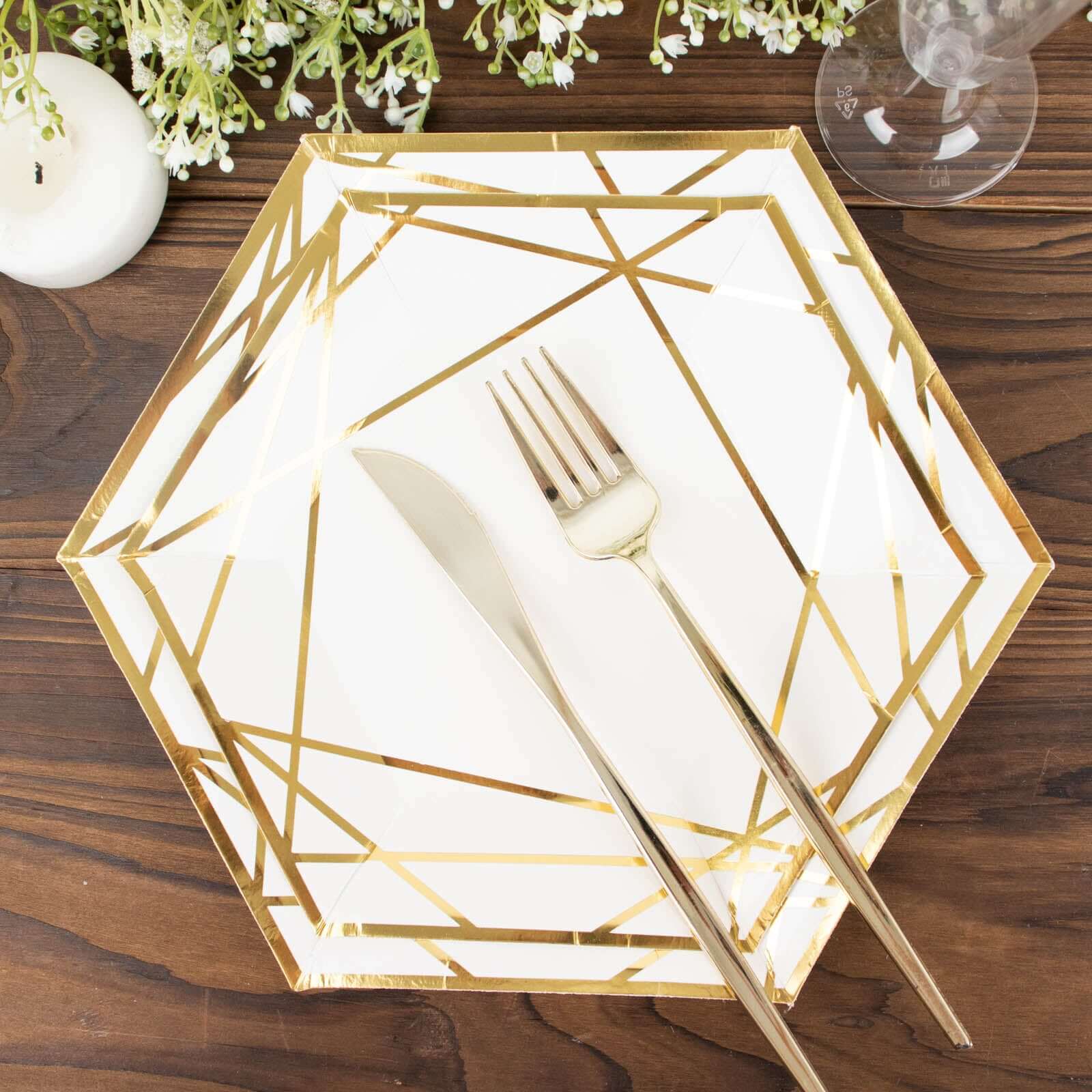 25-Pack White & Gold Geometric Hexagon Disposable Paper Appetizer and Salad Plates for Events