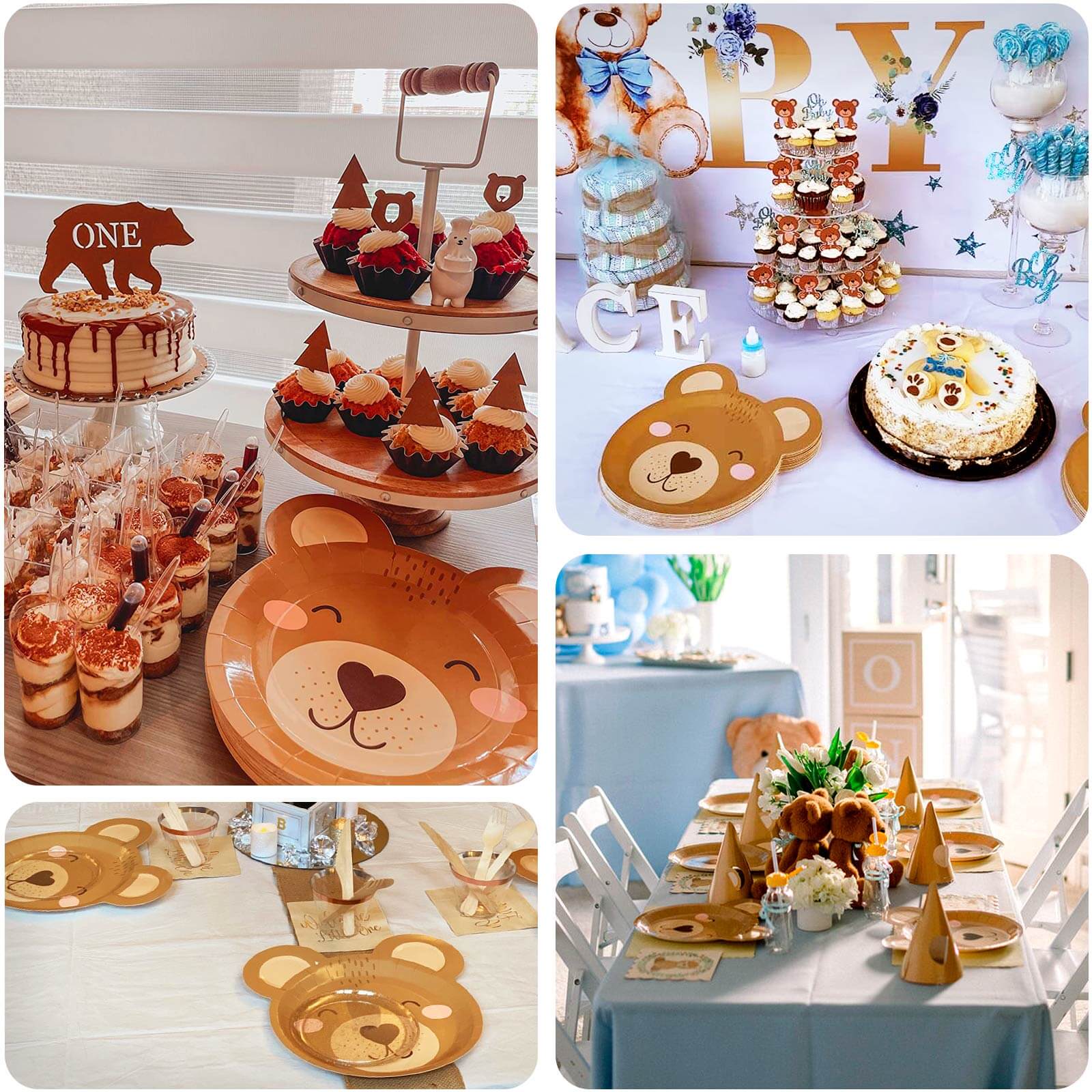 25-Pack Disposable 300GSM Brown Teddy Bear Print Round Dessert Plates - Ideal for Party Decor