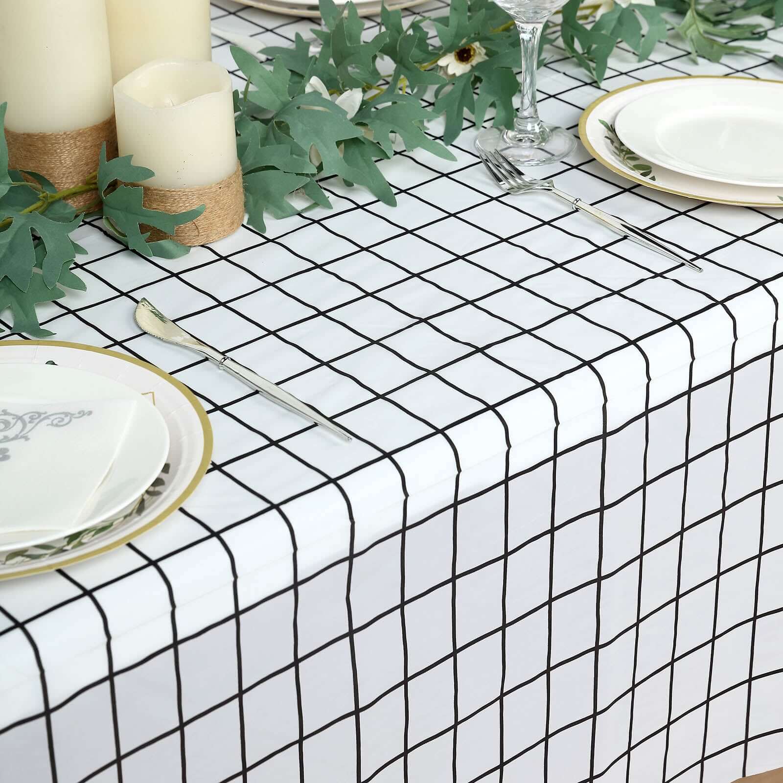 5-Pack Durable Black/White Grid PVC Disposable Plastic Table Covers 54x108 - Perfect for Events