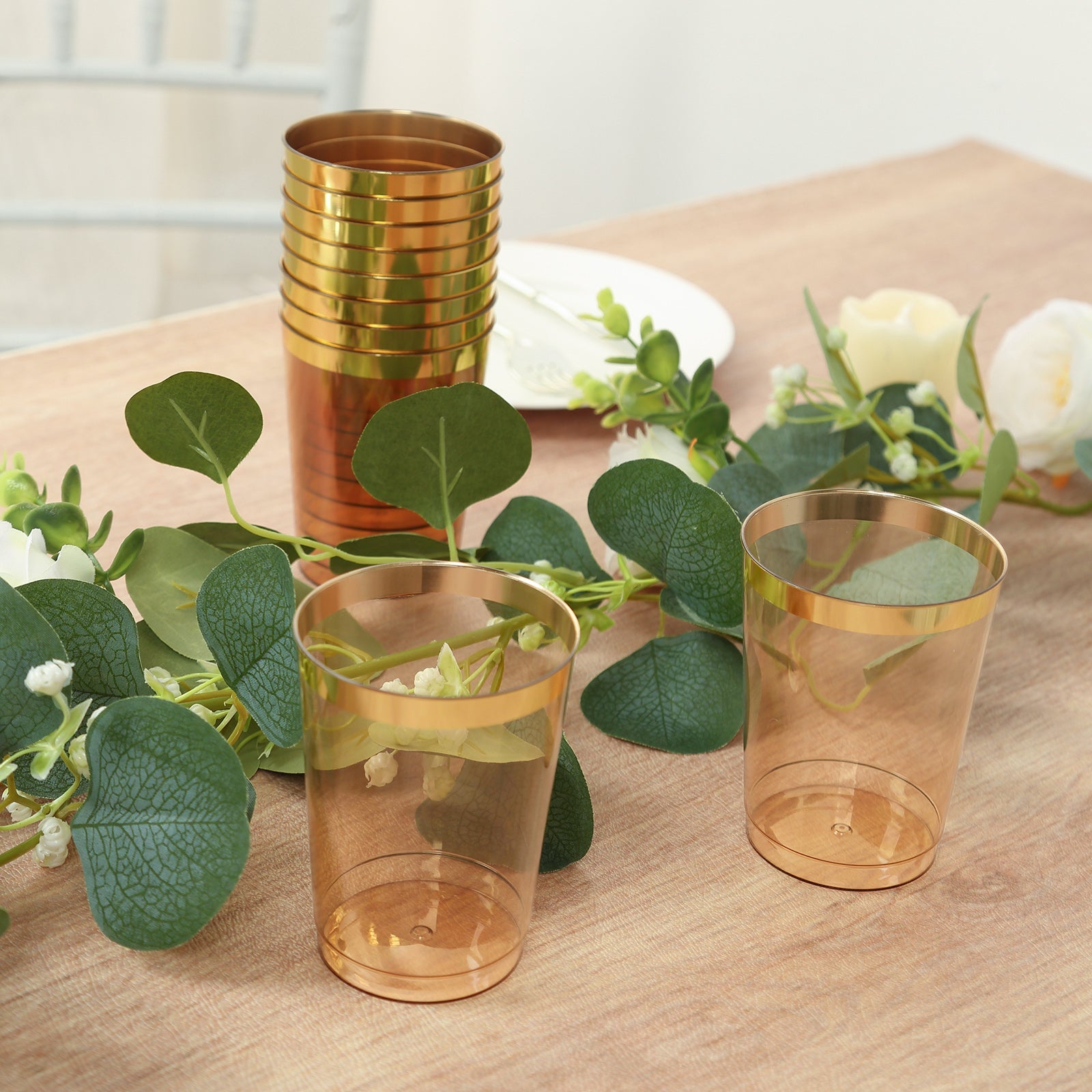 Get 25-Pack of 10oz Transparent Amber Gold Plastic Tumbler Cups with Gold Rim for Stylish Disposable Party