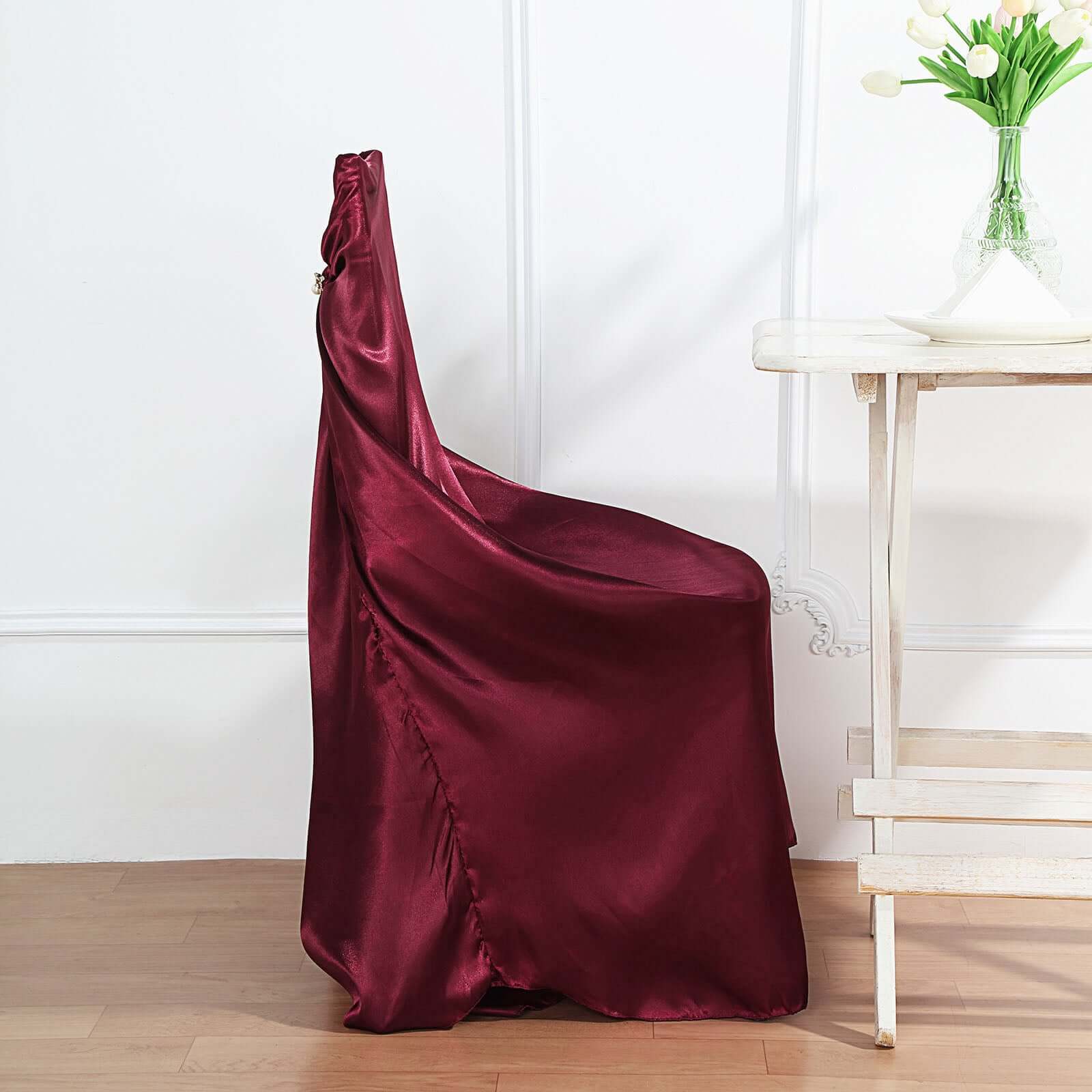Burgundy Satin Self-Tie Chair Cover - Universal Design for Folding, Dining & Banquet Chairs