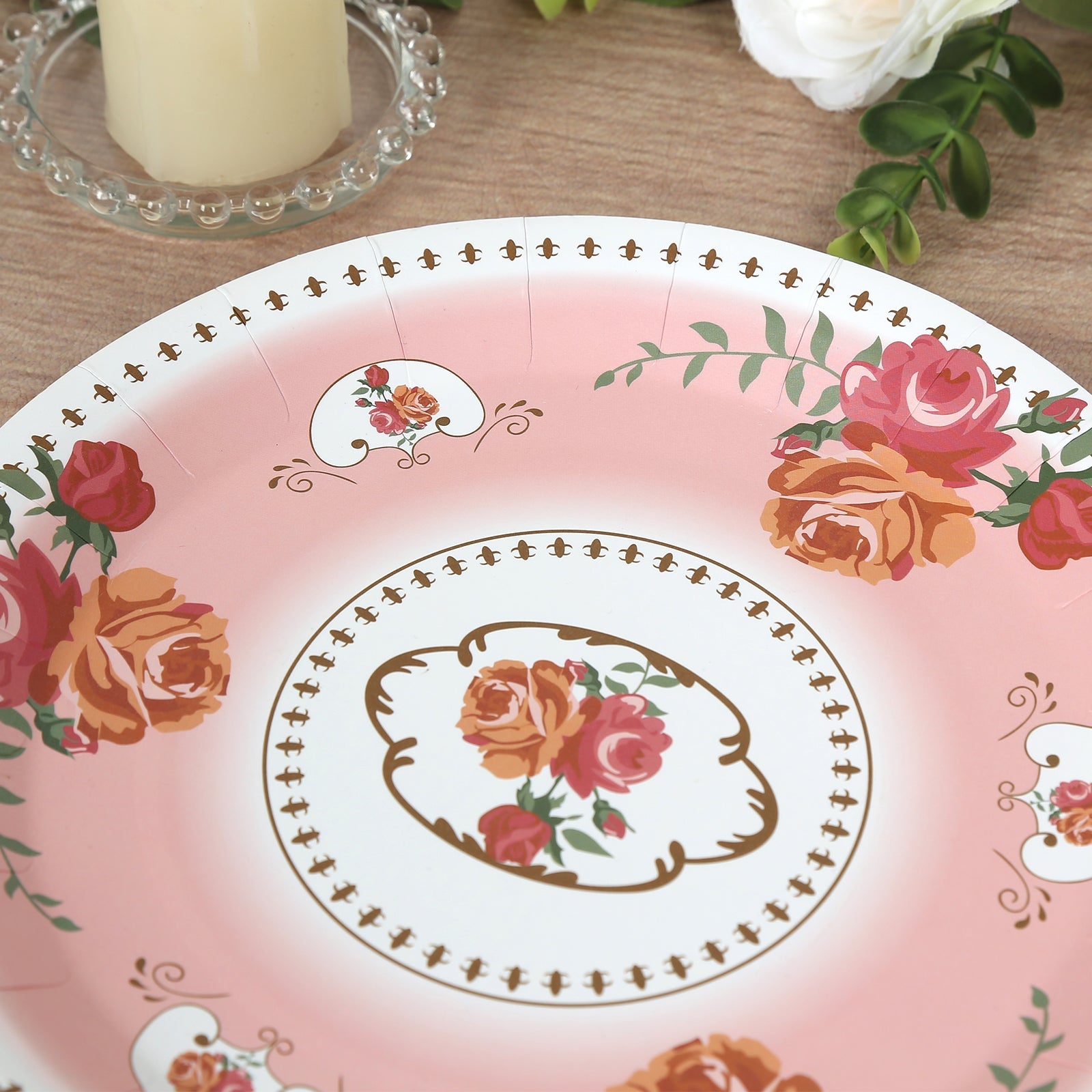 25-Pack 9-Inch Dusty Rose Vintage Rose Print Disposable Paper Dinner Plates - High Quality!