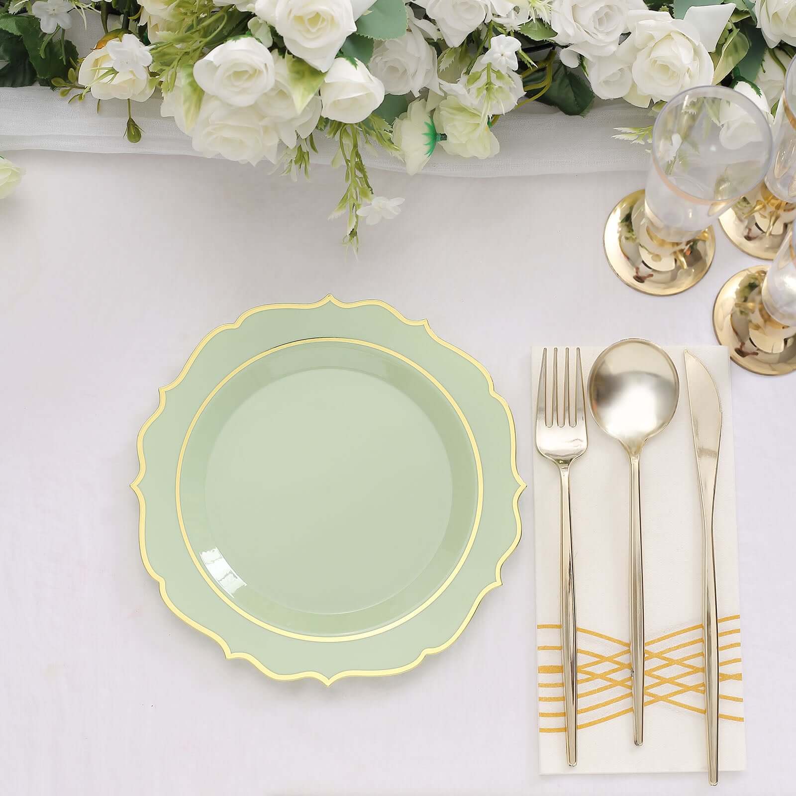 Hot Deal! 10-Pack Disposable Plastic Round Salad Plates in Sage Green with Gold Scalloped Rim, 8-Inch