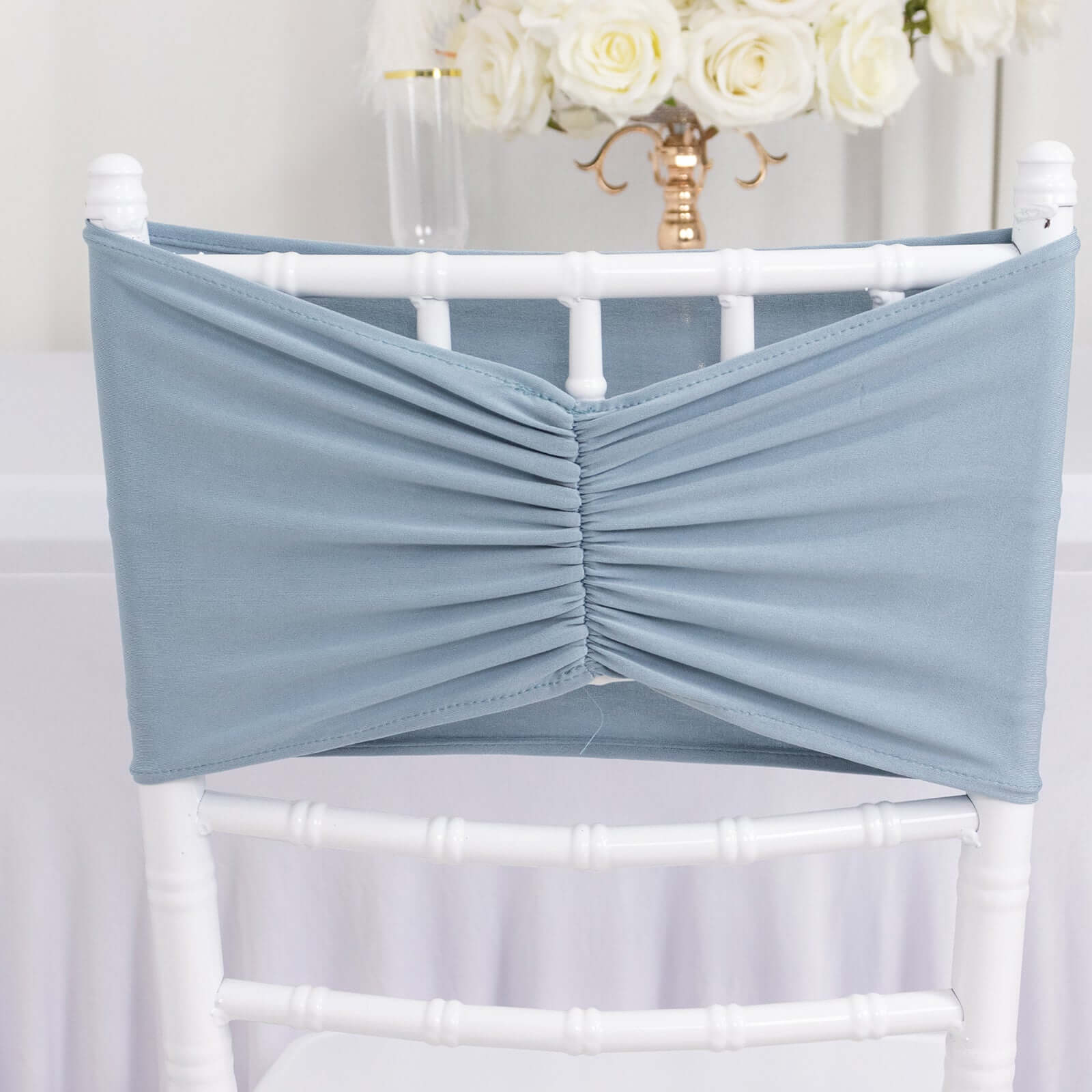 5-Pack Dusty Blue Ruffled Spandex Chair Sashes - Wide & Easy-to-Use Stretch Bands