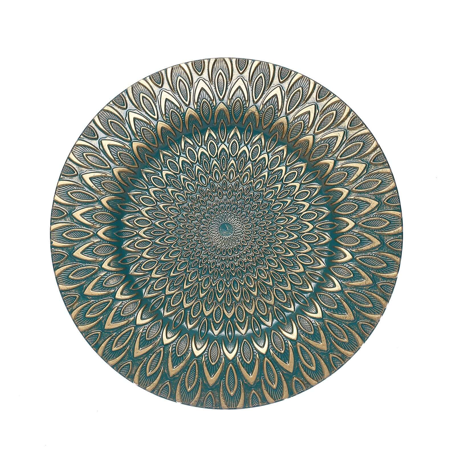 6-Piece Set of 13-Inch Teal Plastic Charger Plates with Gold Embossed Peacock Design