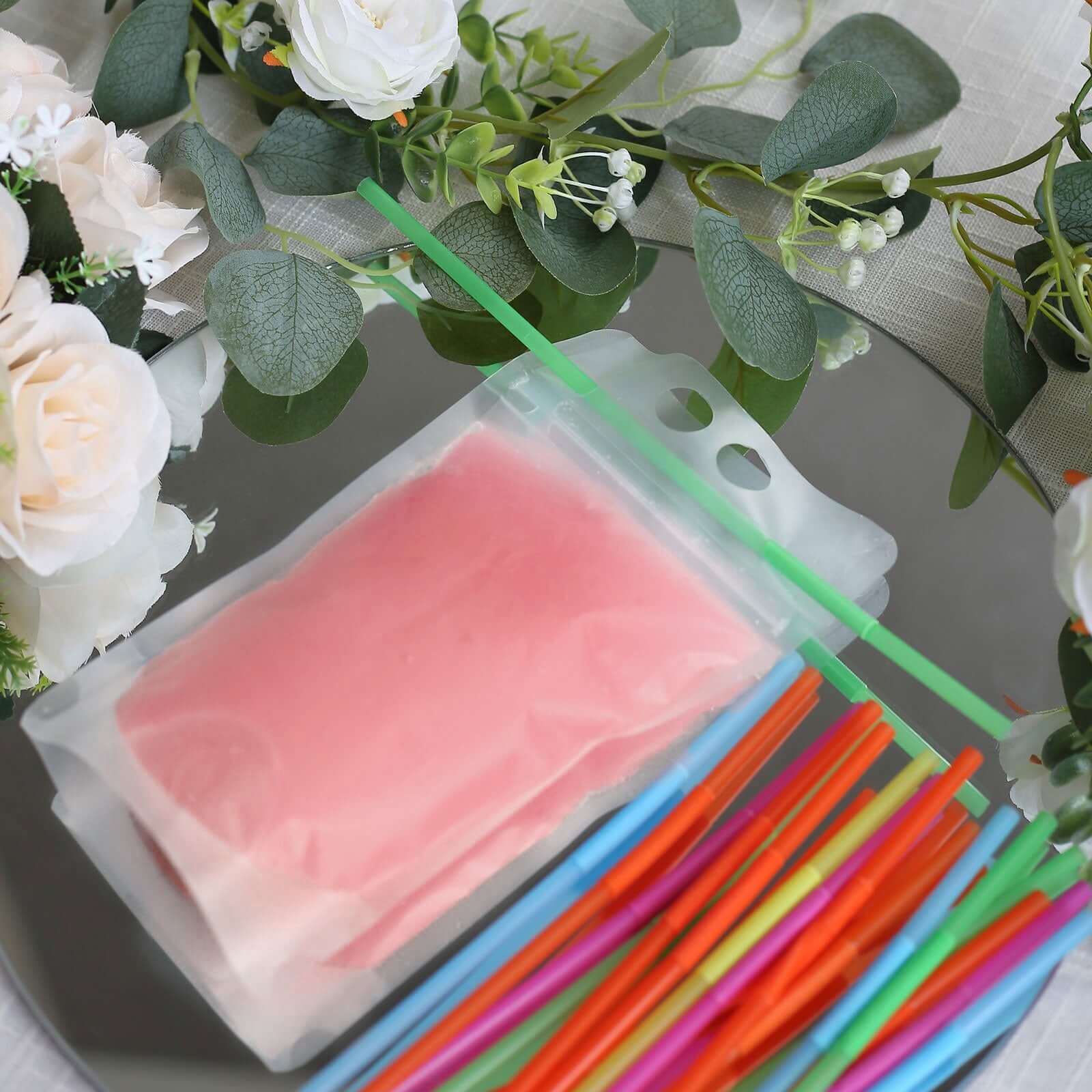 50-Pack Clear 12oz Plastic Reclosable Drink Pouches with Straws - Ideal for Travel & Festivals