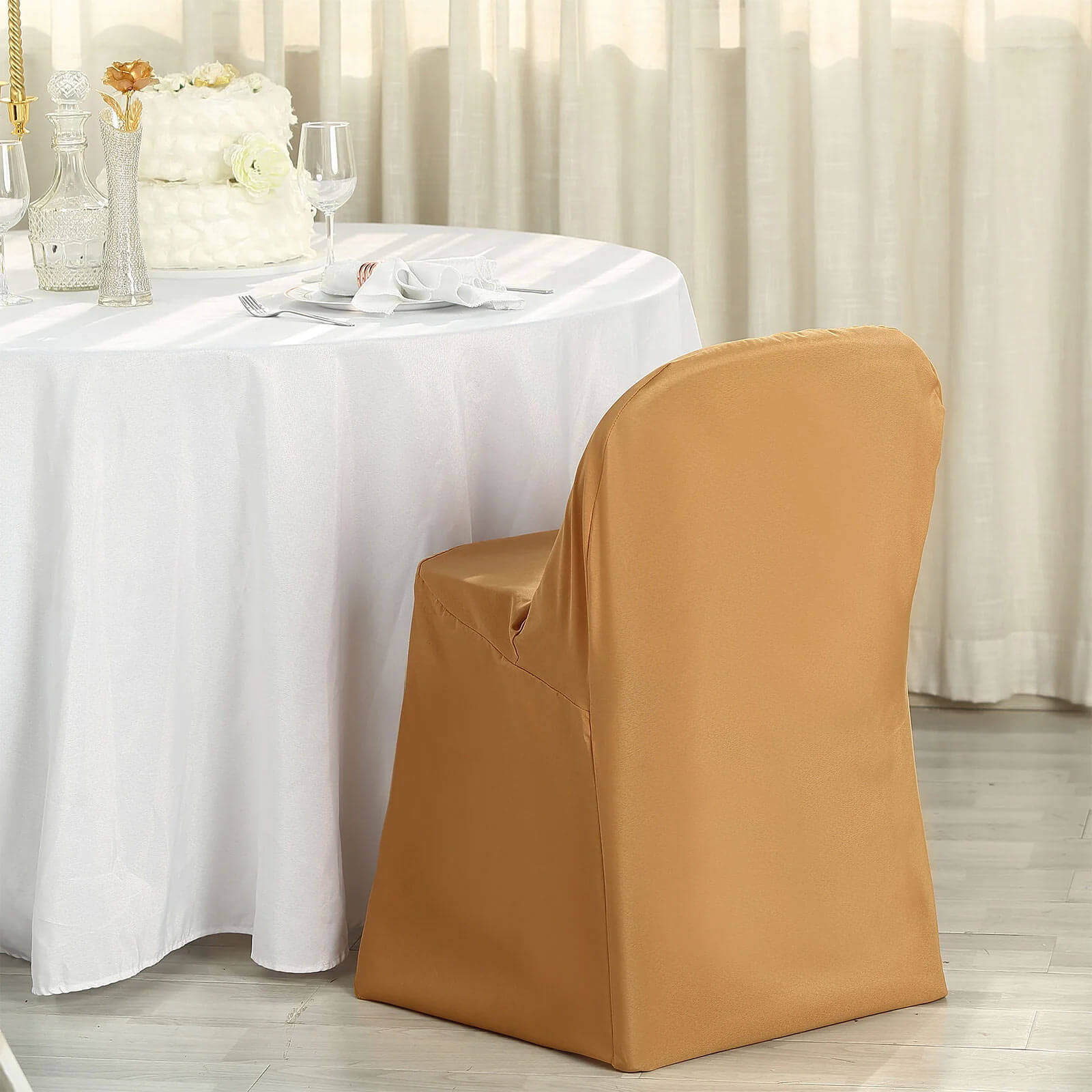 10-Piece Set of Gold Polyester Slip-On Chair Covers for Folding Chairs - Wrinkle-Free & Stain-Resistant