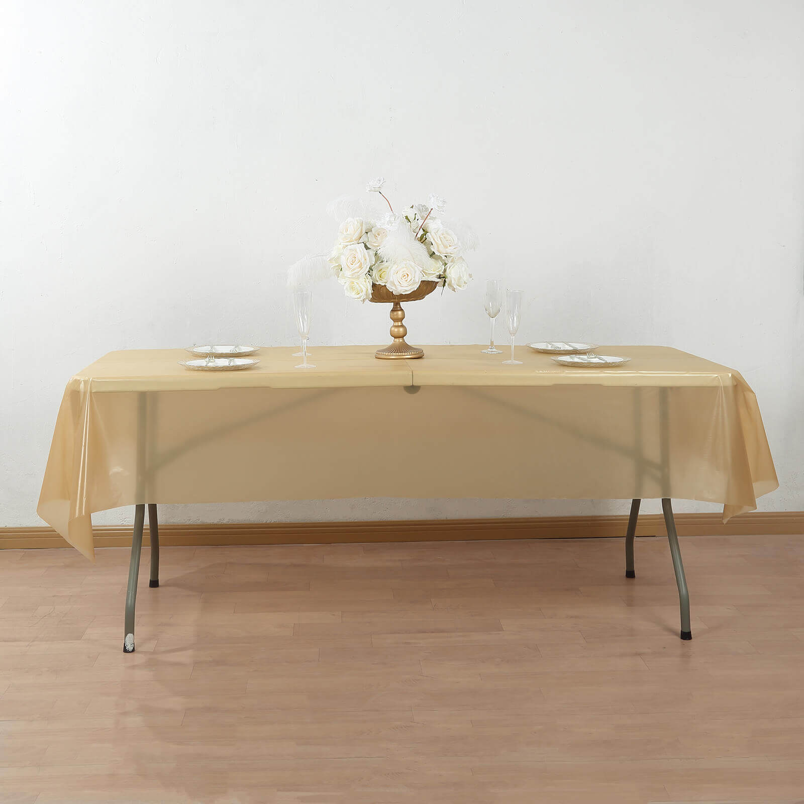 Customizable Gold Plastic Table Cover Roll with Slide Cutter - Great for Events!