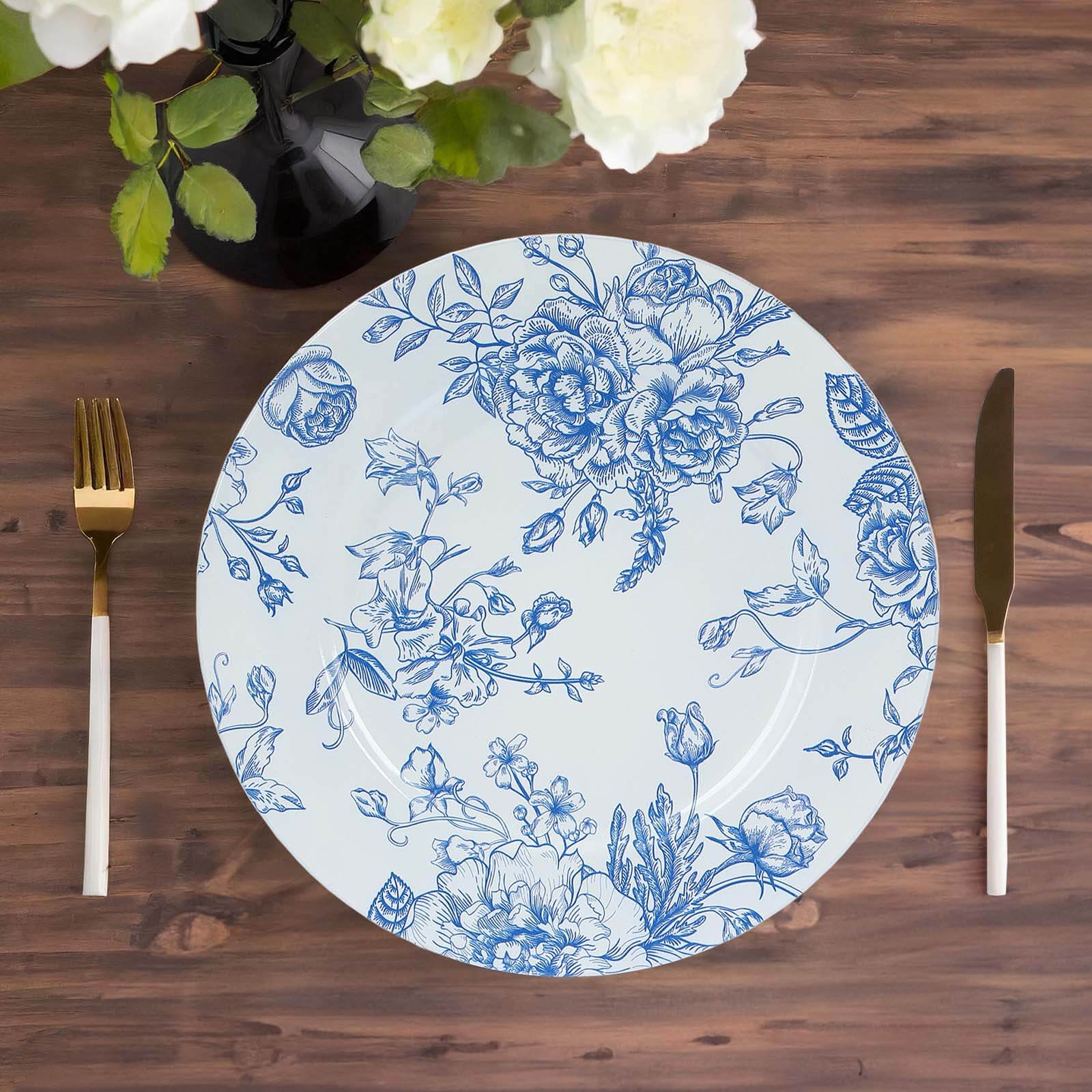 6-Piece Set of White Acrylic Round Charger Plates with Light Blue Floral French Toile Design - Ideal for Dinner Parties