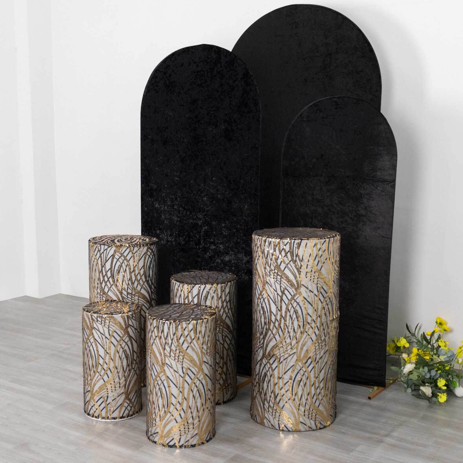 Hot! Set of 5 Embroidered Sequin Black Wave Mesh Cylinder Pedestal Stand Covers
