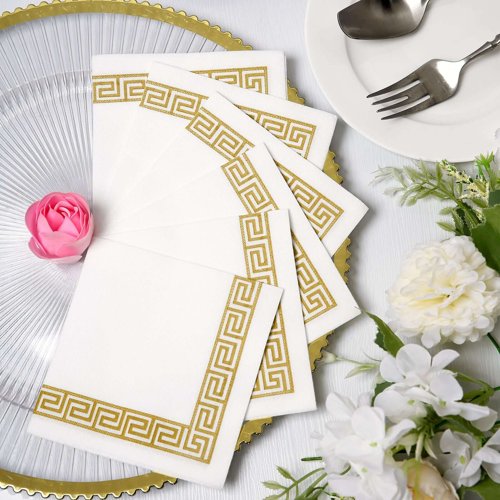 25-Piece Set of Hygienic Disposable Airlaid White Napkins with Gold Greek Key Design, 5x5 Size