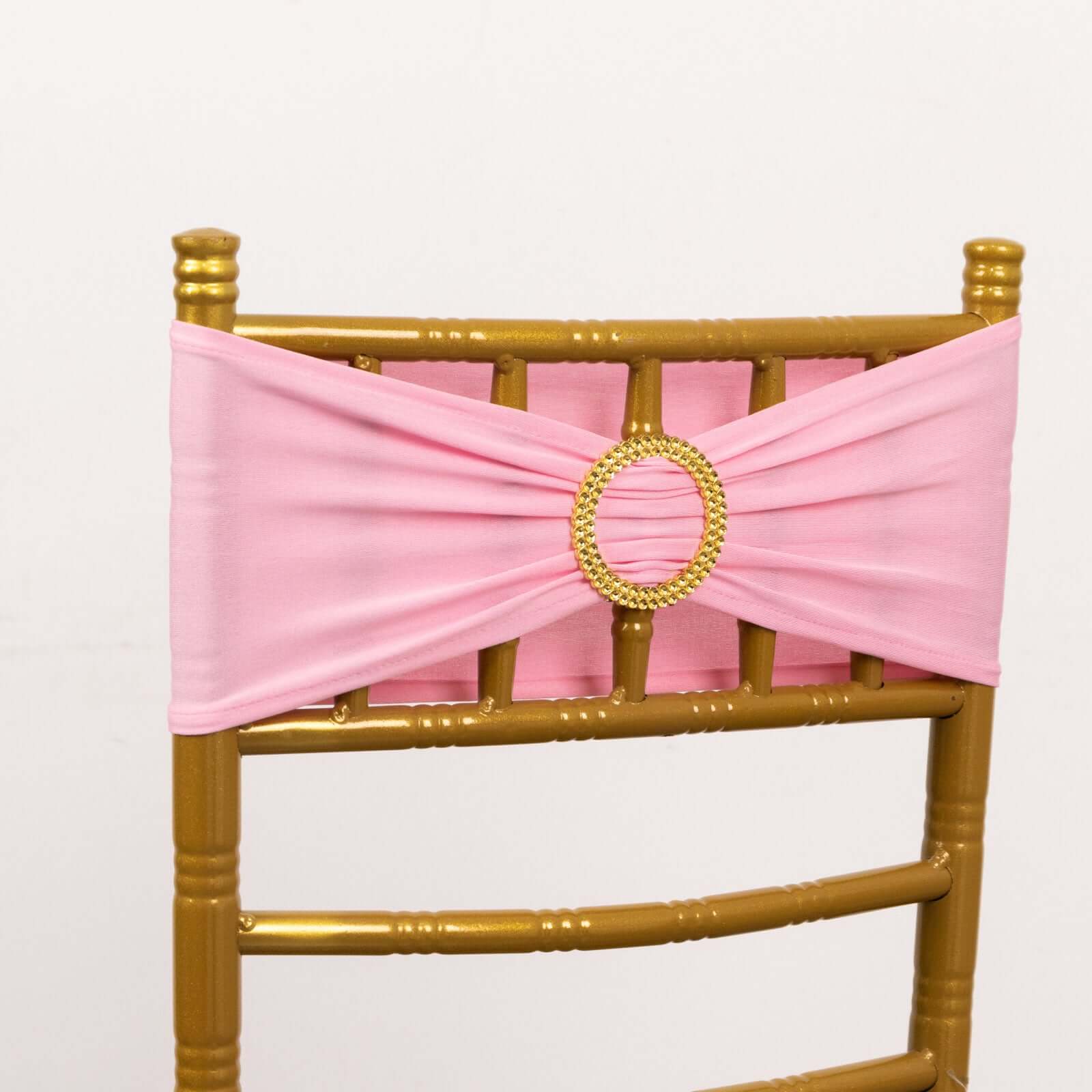 Hot Deal! 5-Pack Pink Spandex Chair Sashes with Gold Rhinestone Buckles, Reusable 4-Way Stretch