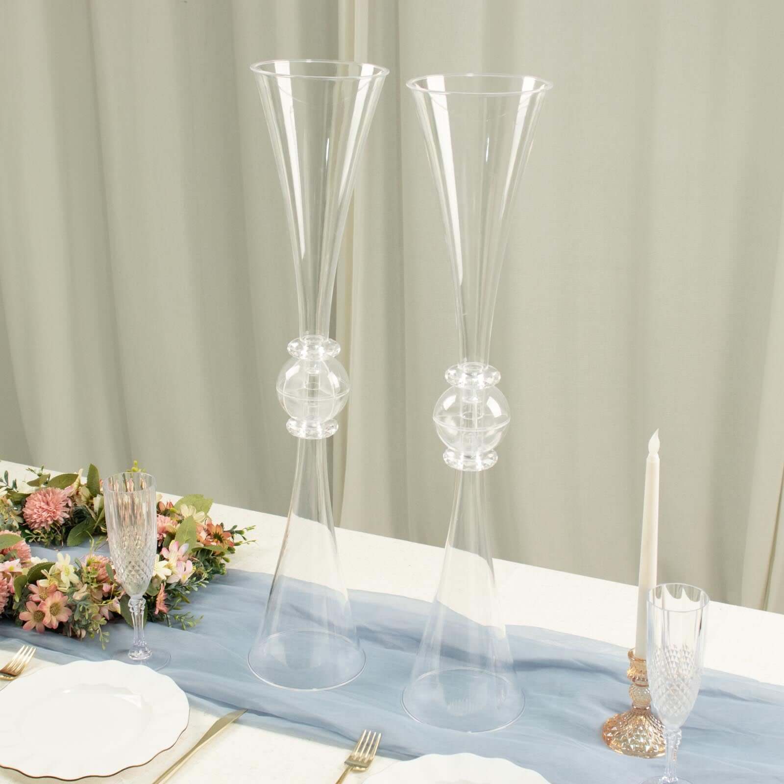 2-Pack Clear Reversible Plastic Trumpet Flower Vases with Crystal Embellishments - Ideal for Events!