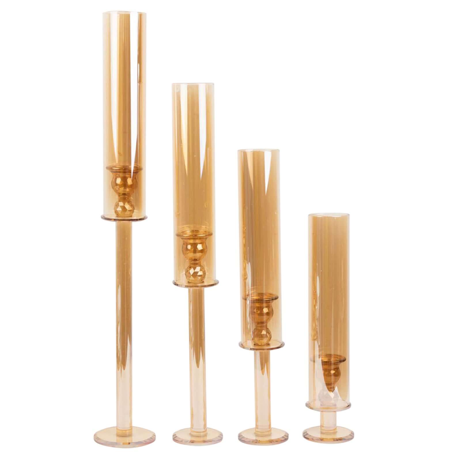 4-Piece Set of Gold Crystal Glass Hurricane Taper Candle Holders - Assorted Sizes