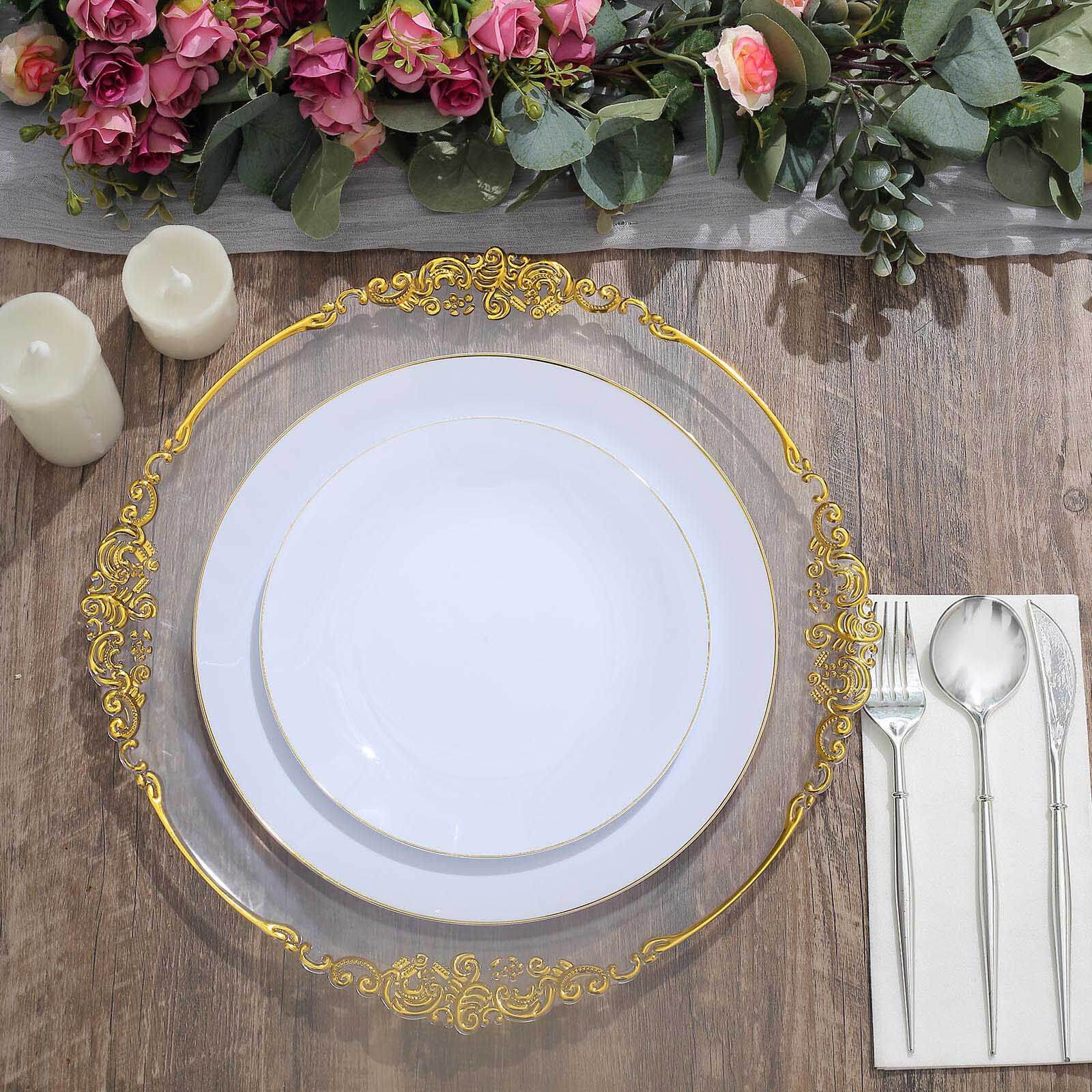 10-Piece Set of White Plastic Round Dinner Plates with Gold Rim - Disposable for Banquets and Special Events