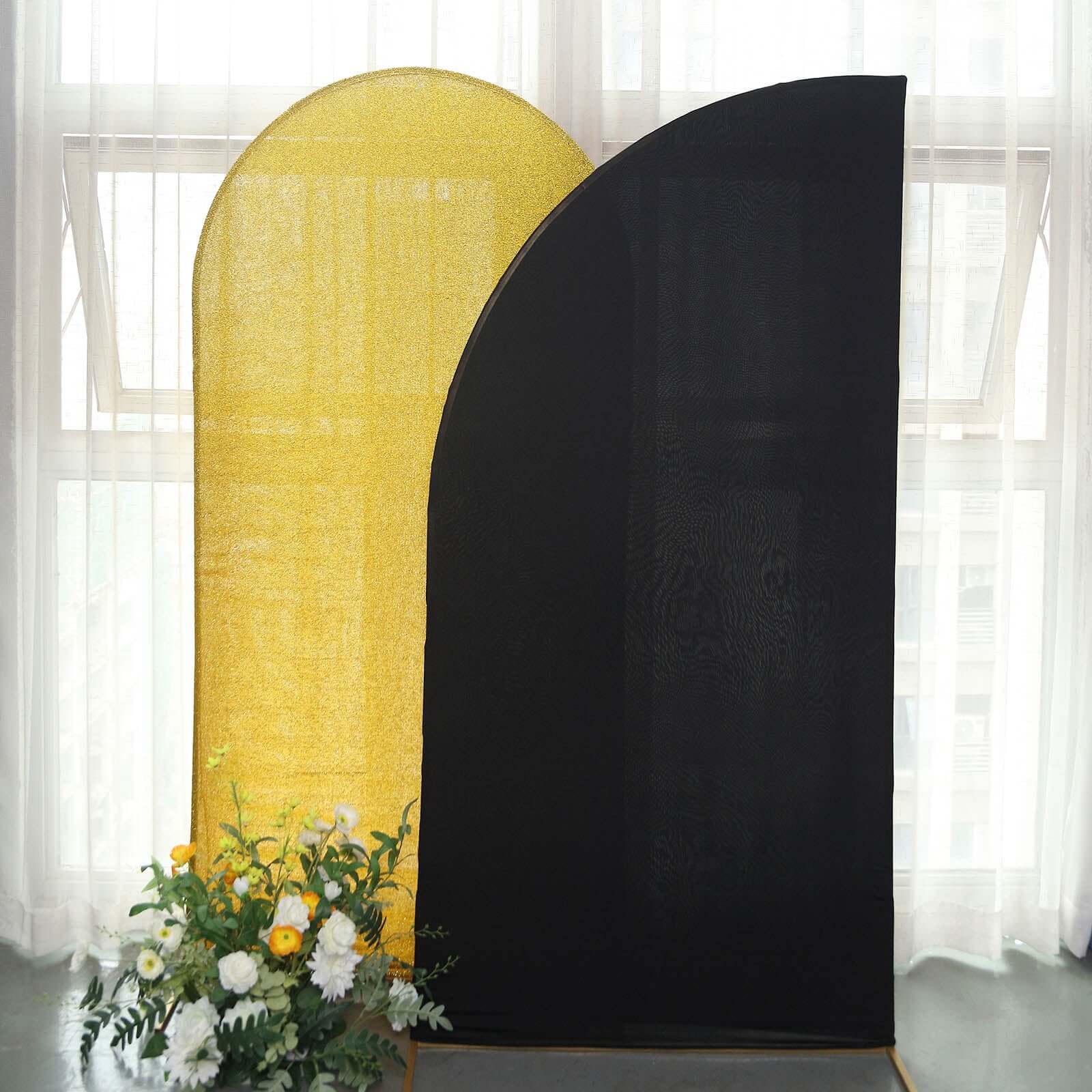 Custom Fitted 7ft Matte Black Spandex Half Moon Chiara Backdrop Stand Cover for Wedding Arch