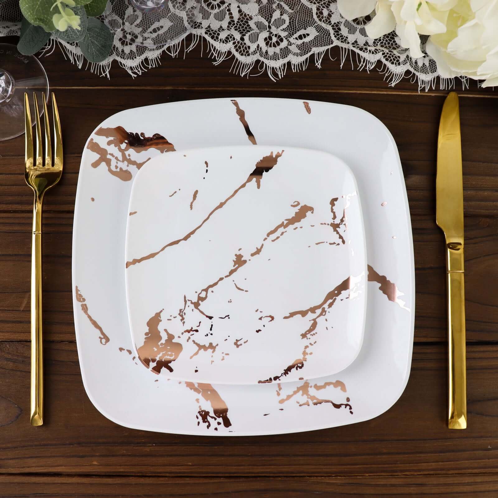 10-Pack Disposable White Plastic Dessert Plates with Rose Gold Marble Design - Ideal for Parties