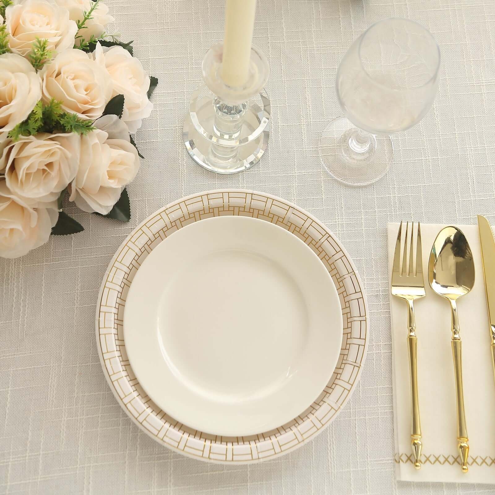 25-Pack Disposable White Paper Dinner Plates with 9" Gold Basketweave Rim for Parties