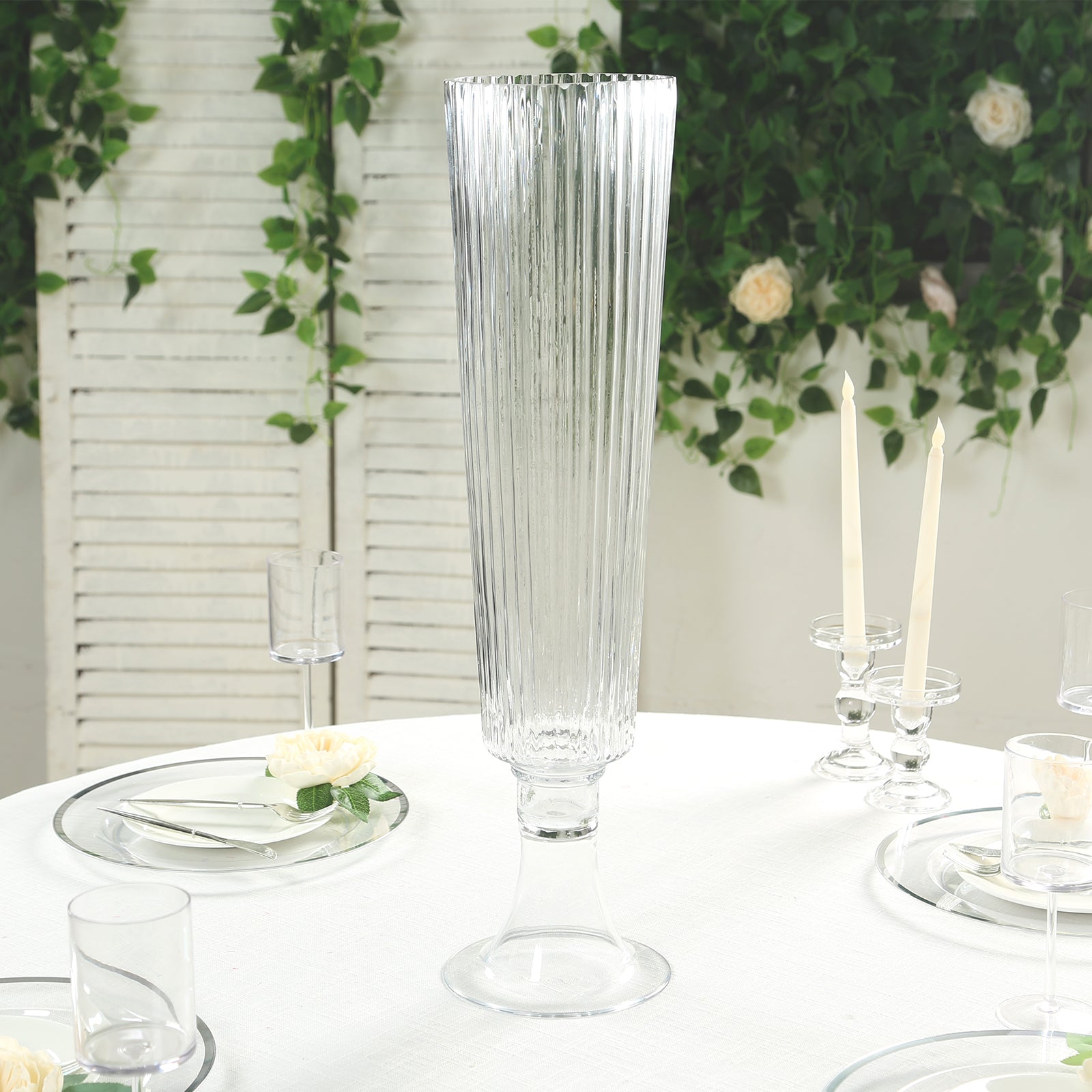 4-Pack Clear Glass Trumpet Vases with Ribbed Design - Durable 26-Inch Event Centerpieces