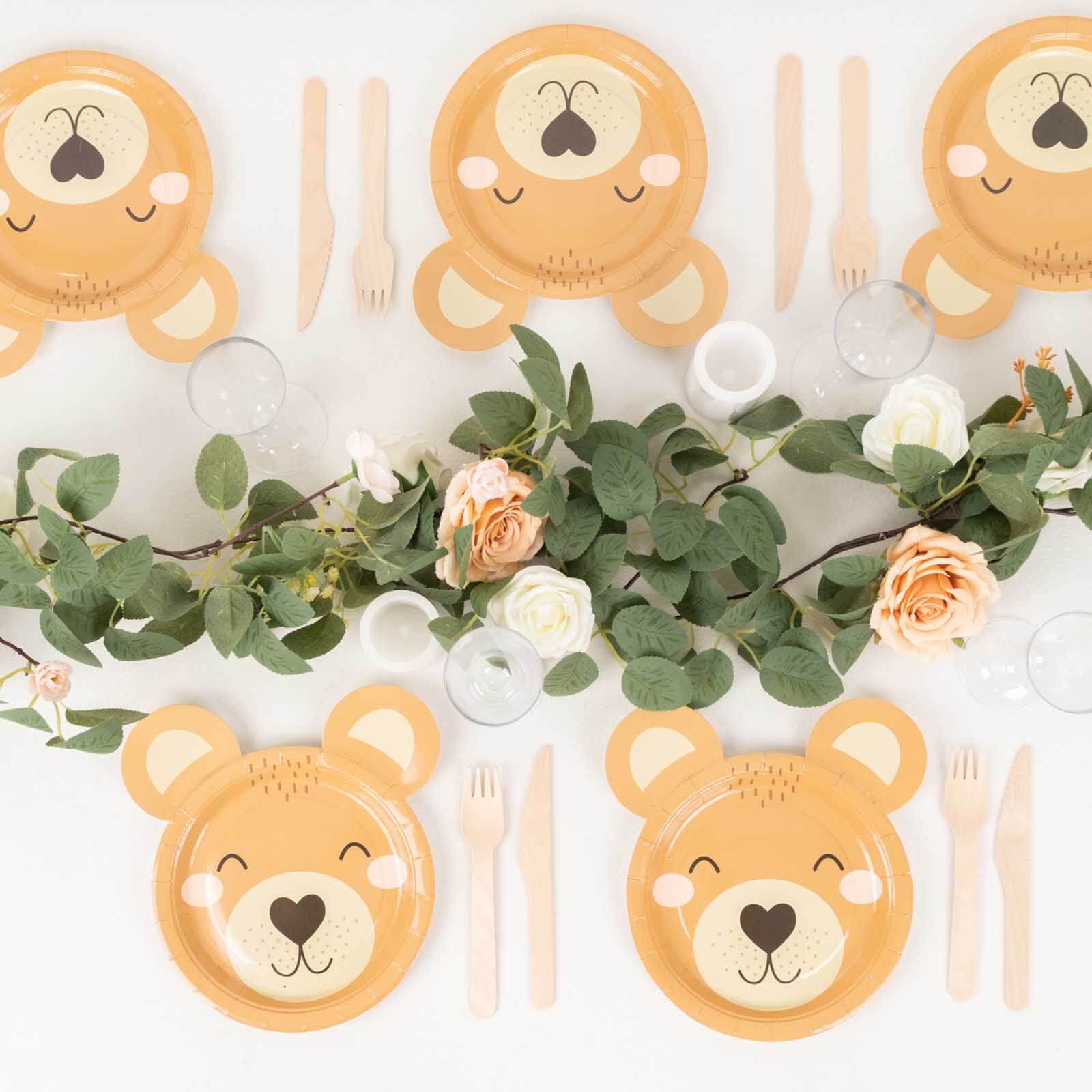 25-Pack Disposable 300GSM Brown Teddy Bear Print Round Dessert Plates - Ideal for Party Decor