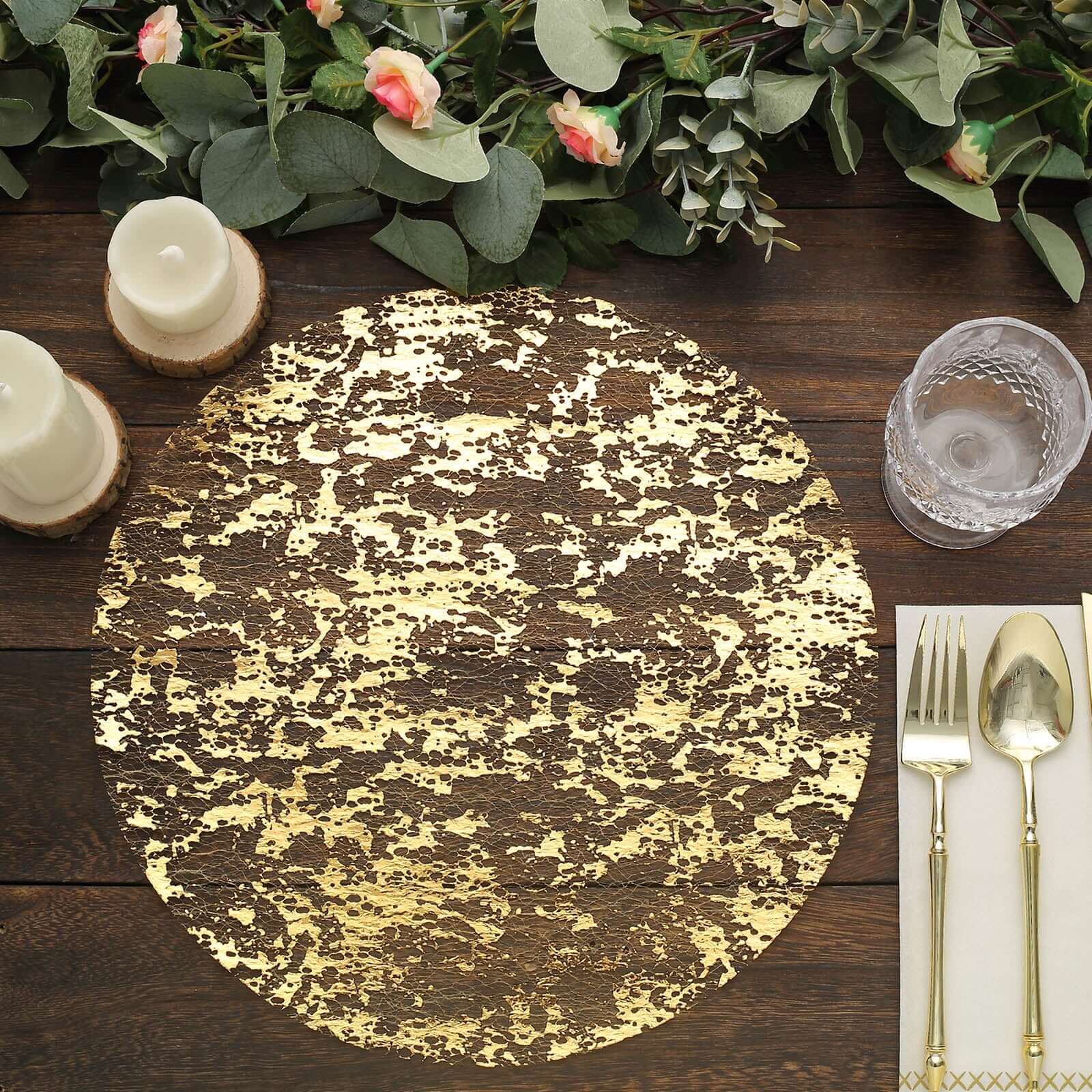 10-Piece Metallic Gold Round Foil Design Disposable Shiny Table Placemats 13 Inches