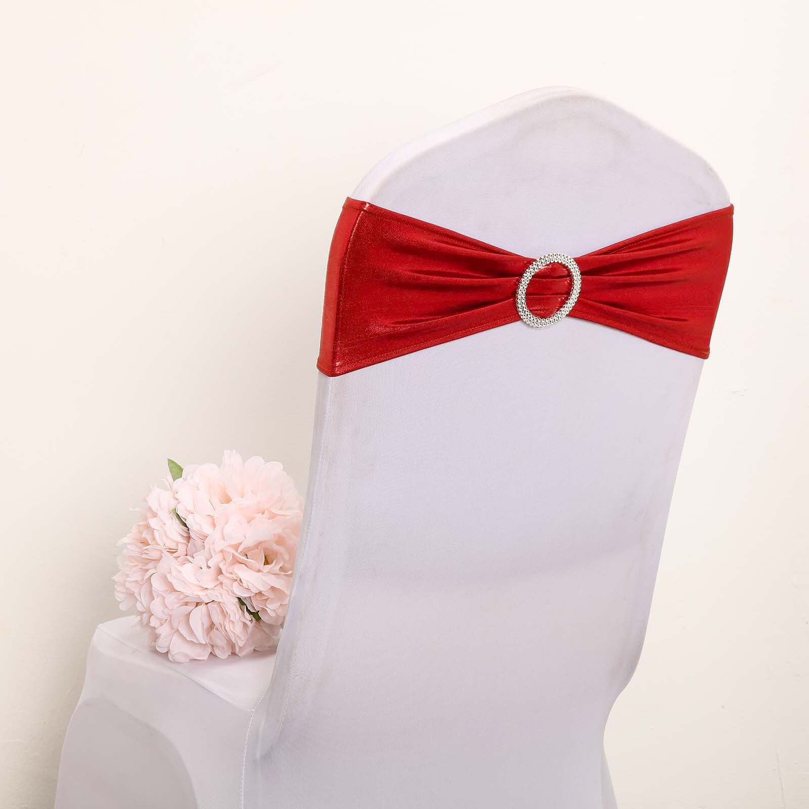 5-Pack Metallic Red Spandex Chair Sashes with Round Diamond Buckles - Stretch Fit for Parties