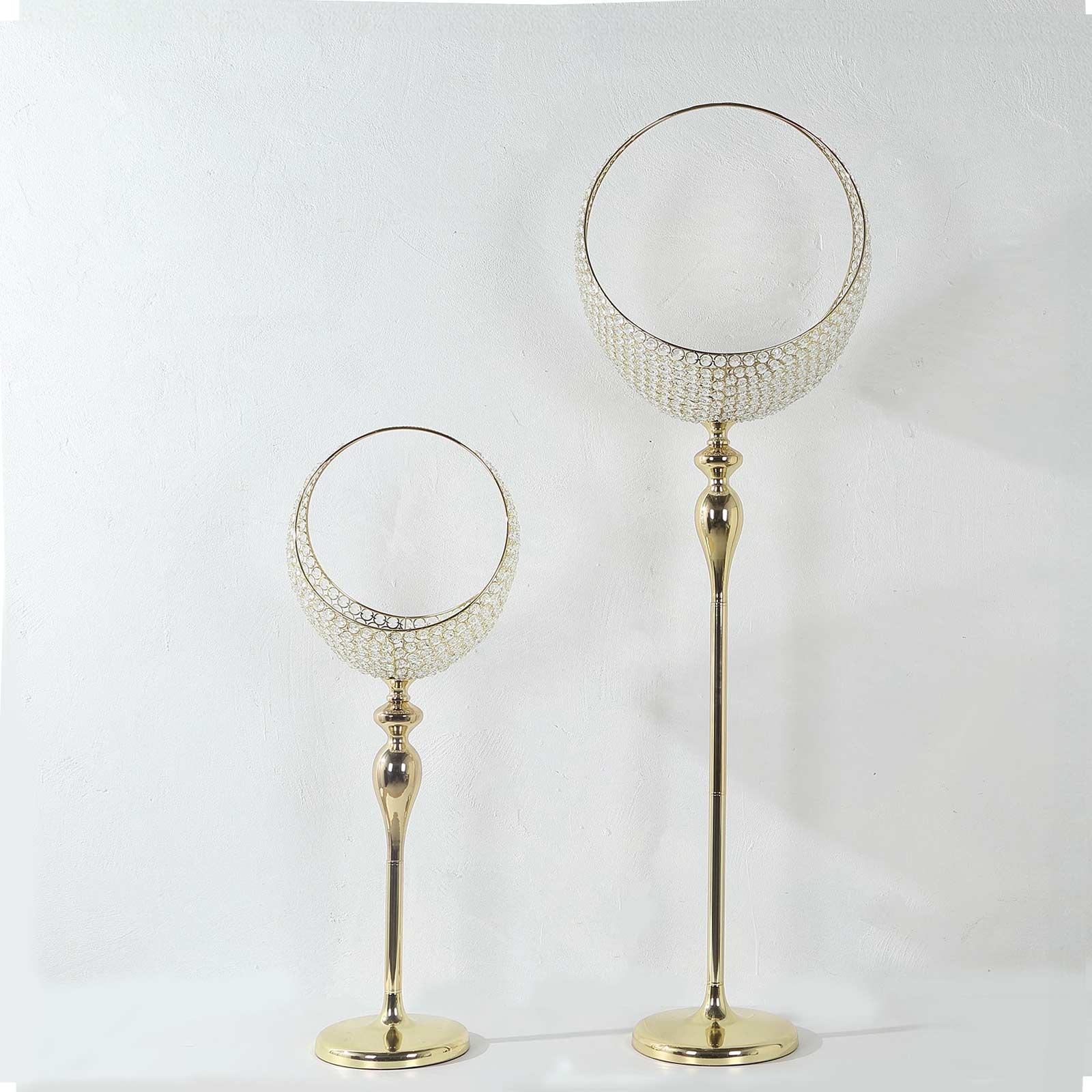 Promo! 4.5ft Tall Gold Metal Crystal Beaded Candle Holder Stand, Half Moon Basket Design for Wedding Centerpiece