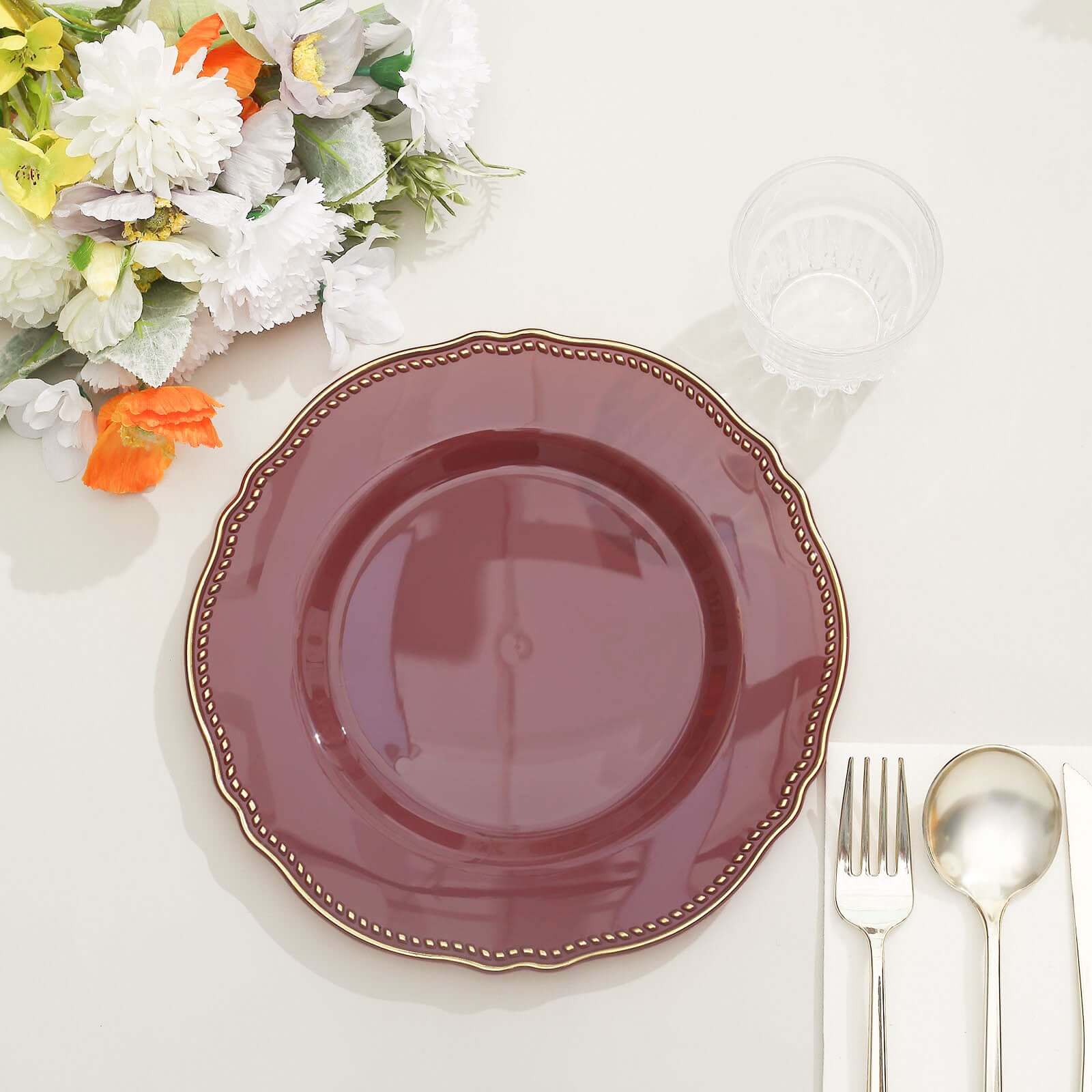 Hot Deal! 10-Pack 9" Disposable Plastic Dinner Plates in Cinnamon Rose with Gold Rim