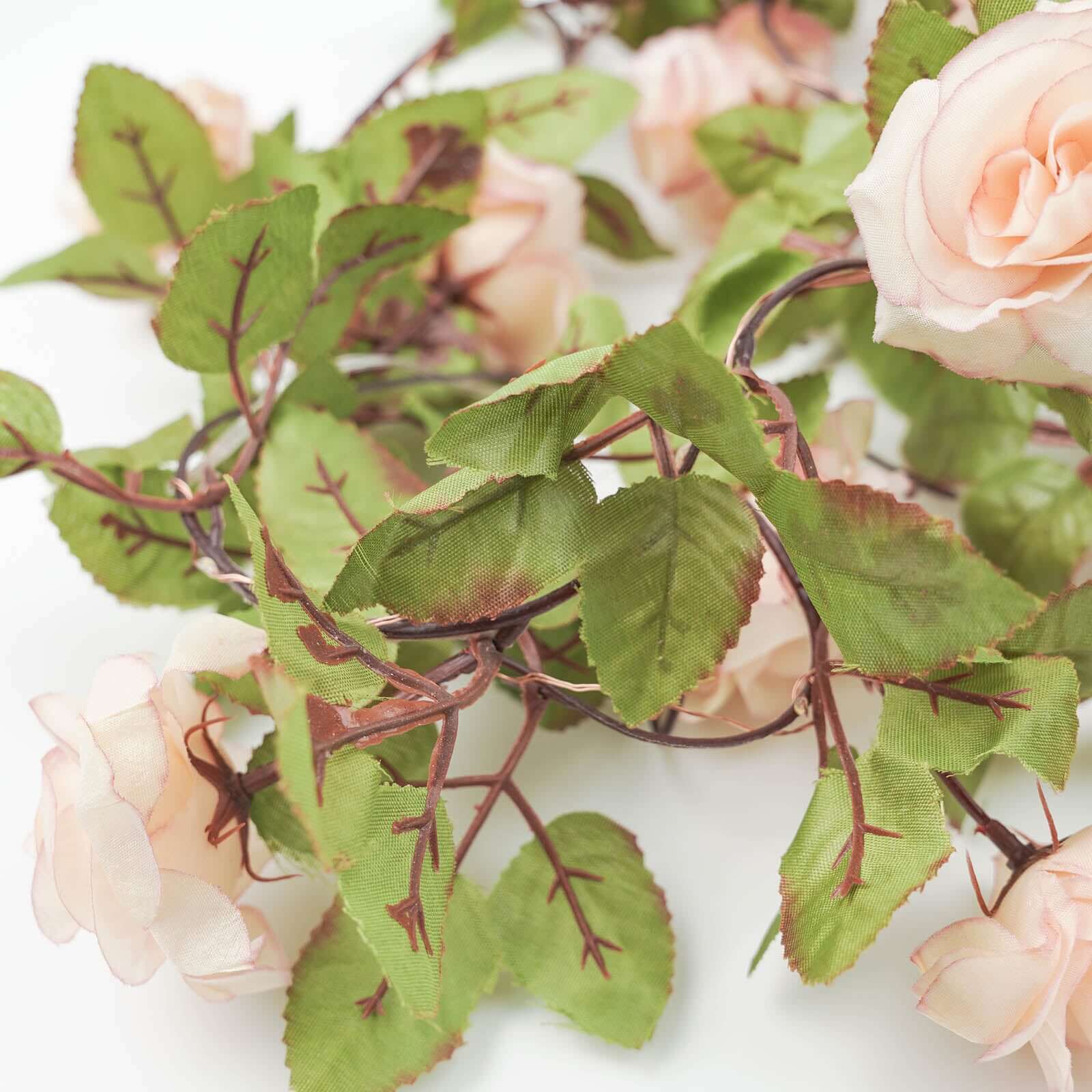 7ft LED Blush Silk Rose Garland with Warm White Battery - Operated Lights, Perfect for Decor