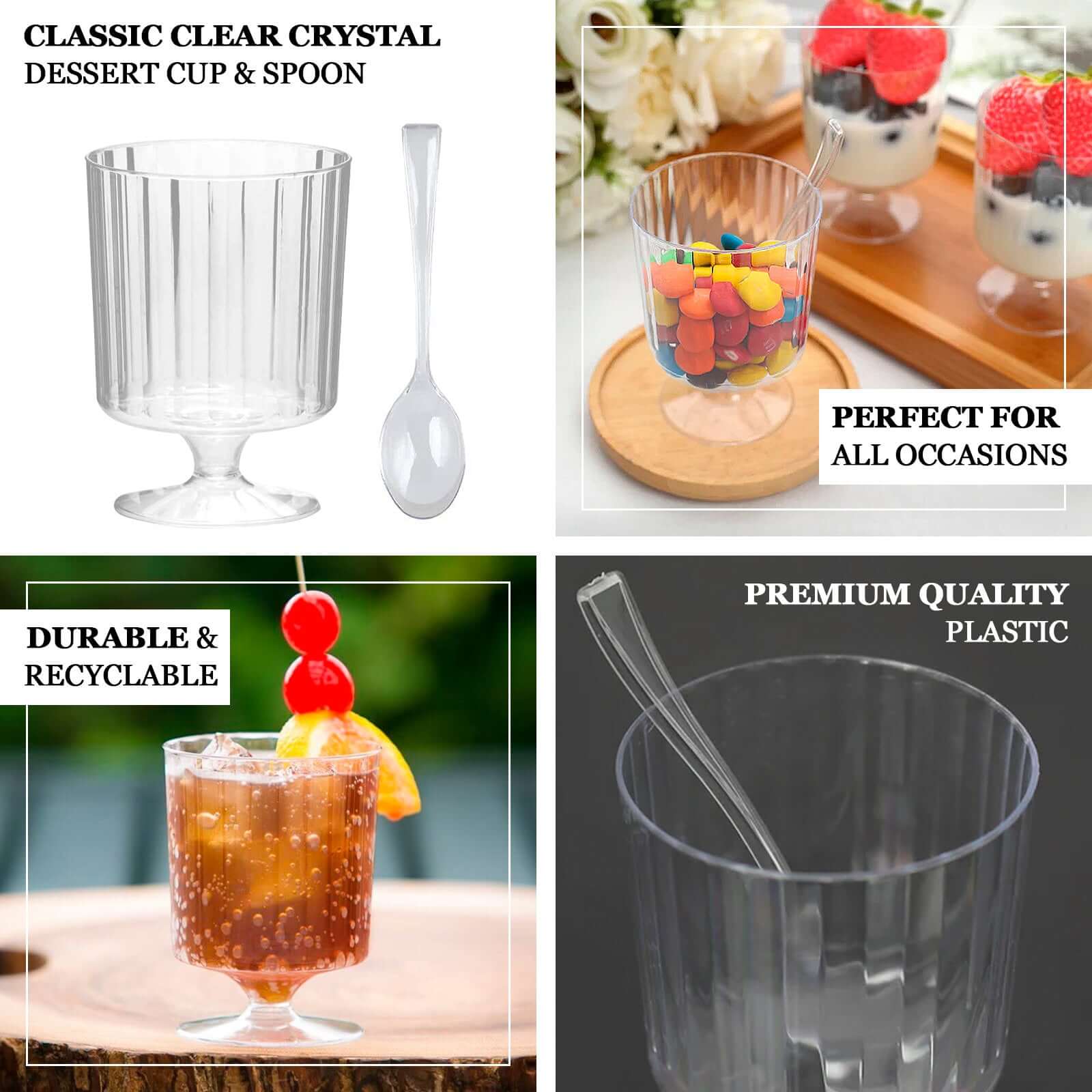 24-Pack Disposable 5oz Clear Plastic Dessert Cups with Ribbed Design and Pedestals, Spoon Set for Events