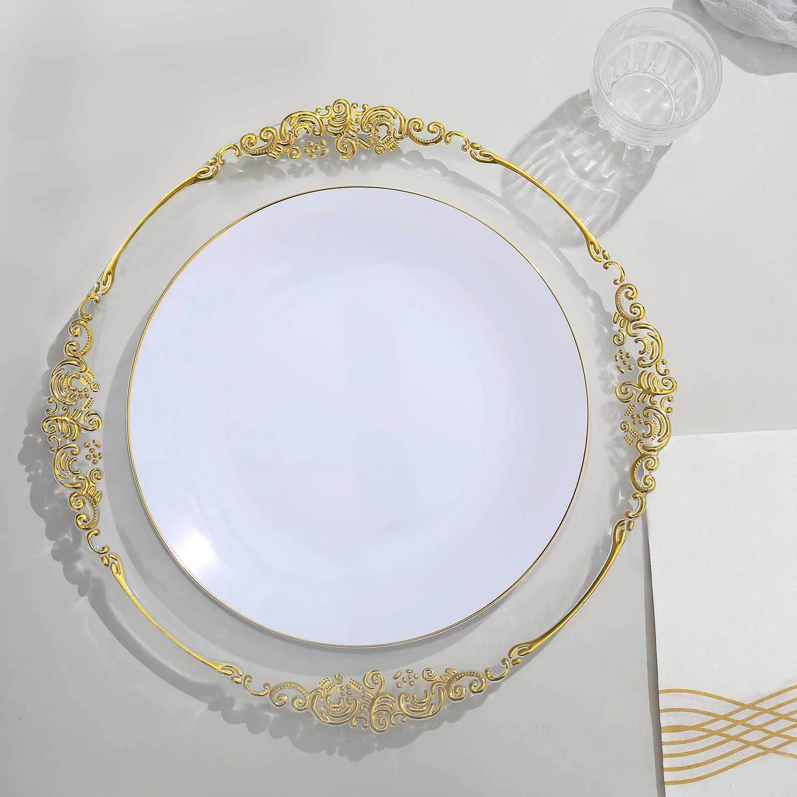10-Piece Set of White Plastic Round Dinner Plates with Gold Rim - Disposable for Banquets and Special Events