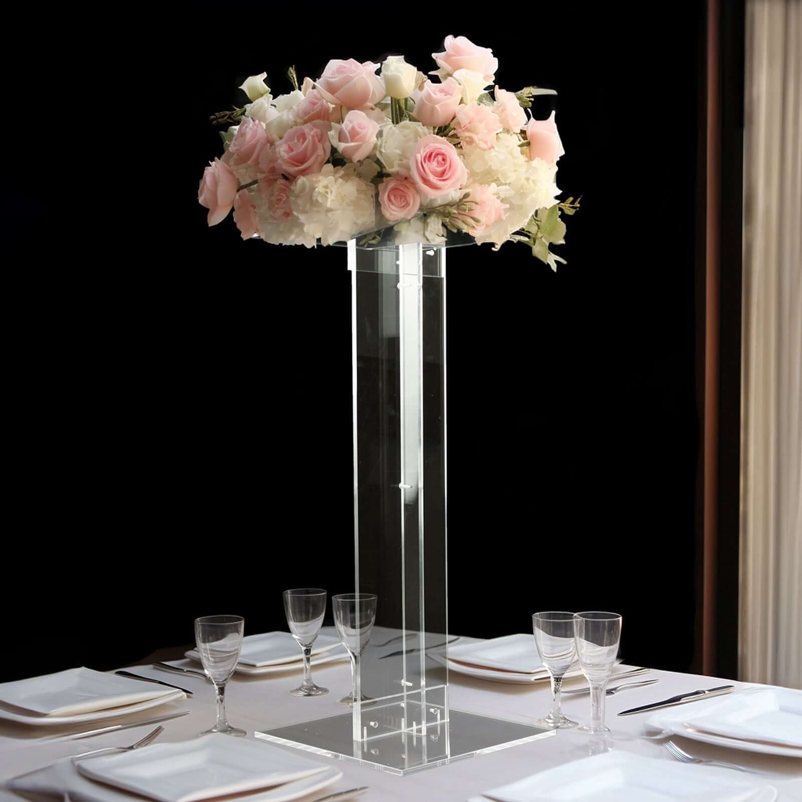 Clear Acrylic Flower Pedestal Display Stand with Square Bases - 10mm Thick, 32" Tall